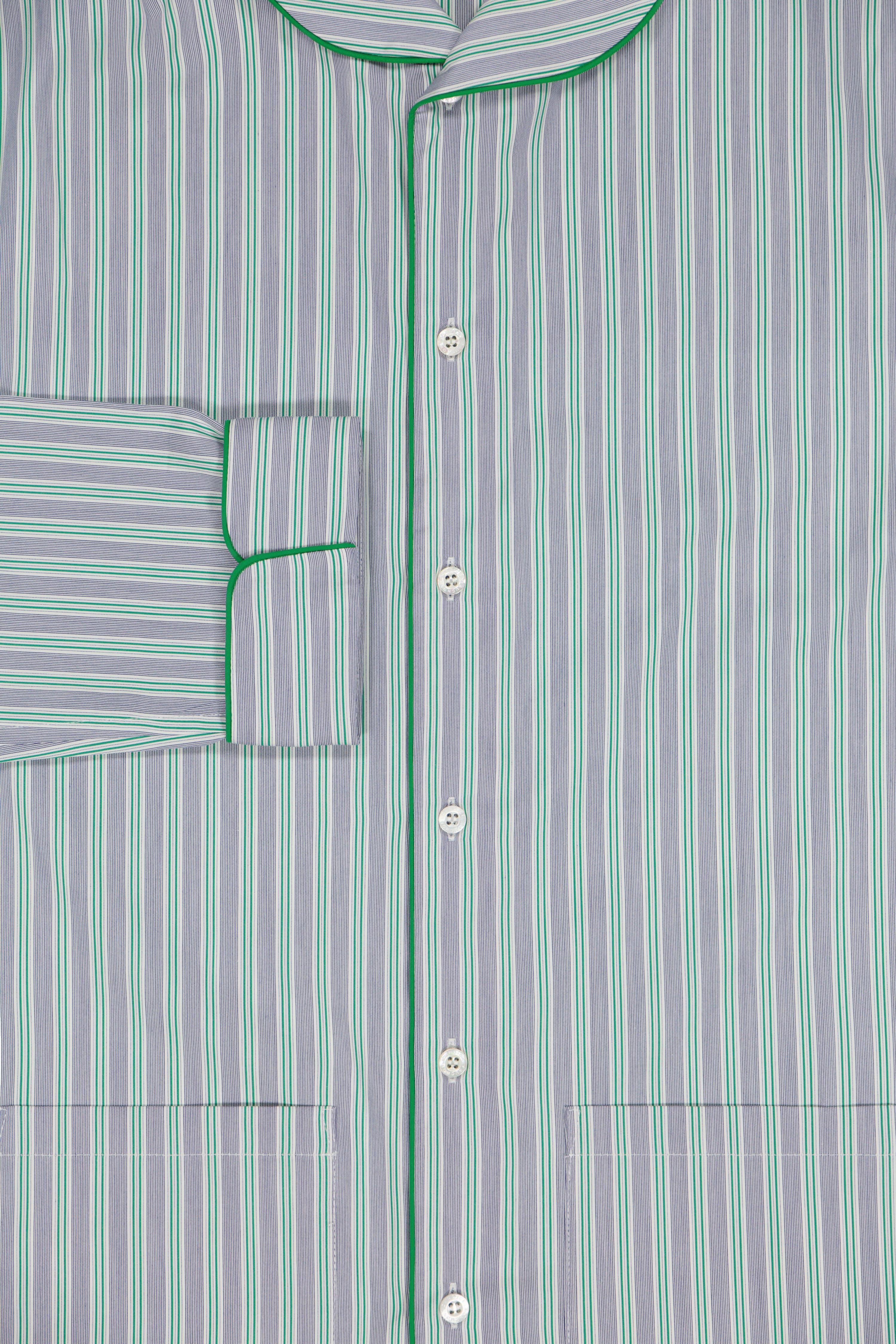 The Waldorf in green striped blue cotton broadcloth