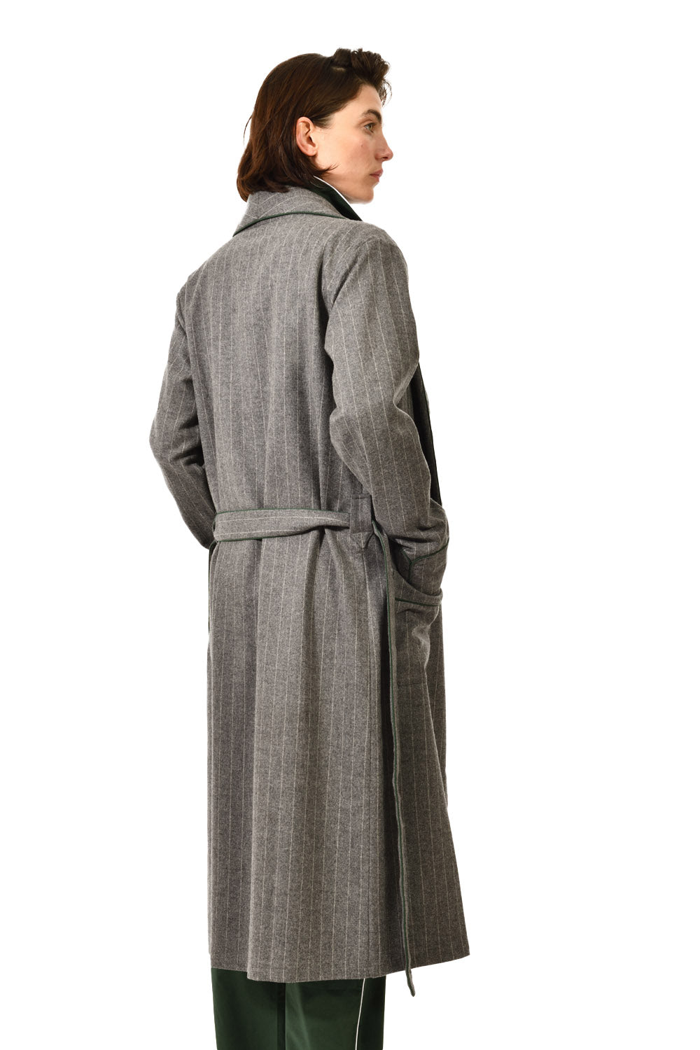 The Brandy in grey chalk stripe wool and cashmere