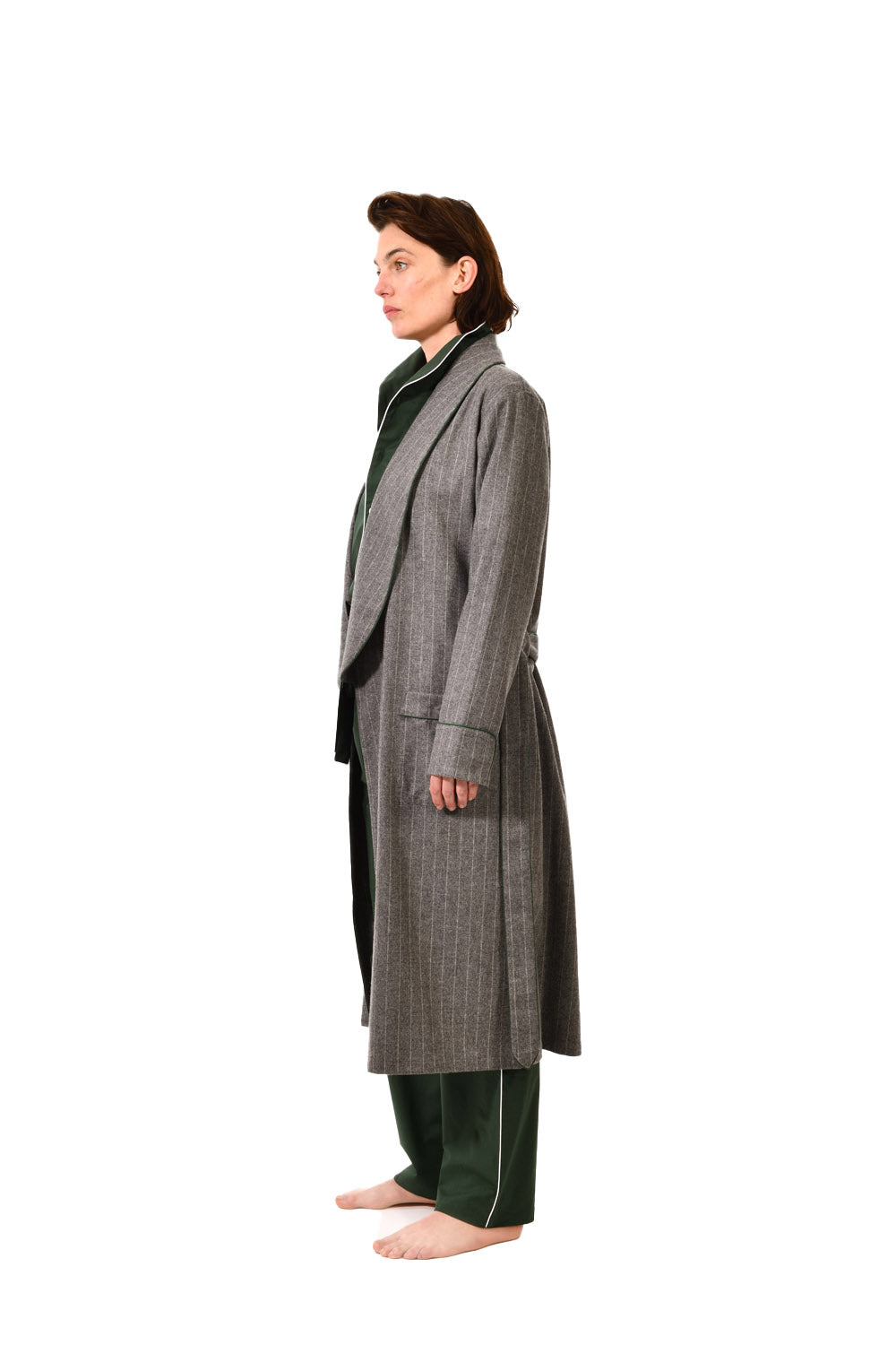 The Brandy in grey chalk stripe wool and cashmere