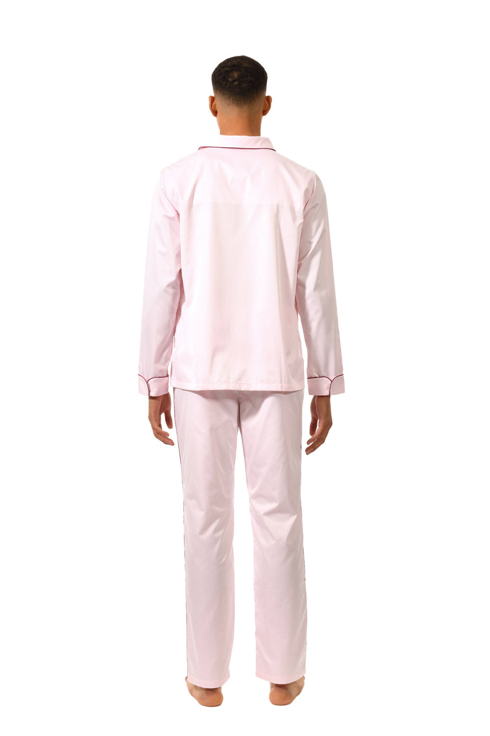 The Waldorf in light pink cotton broadcloth with burgundy piping