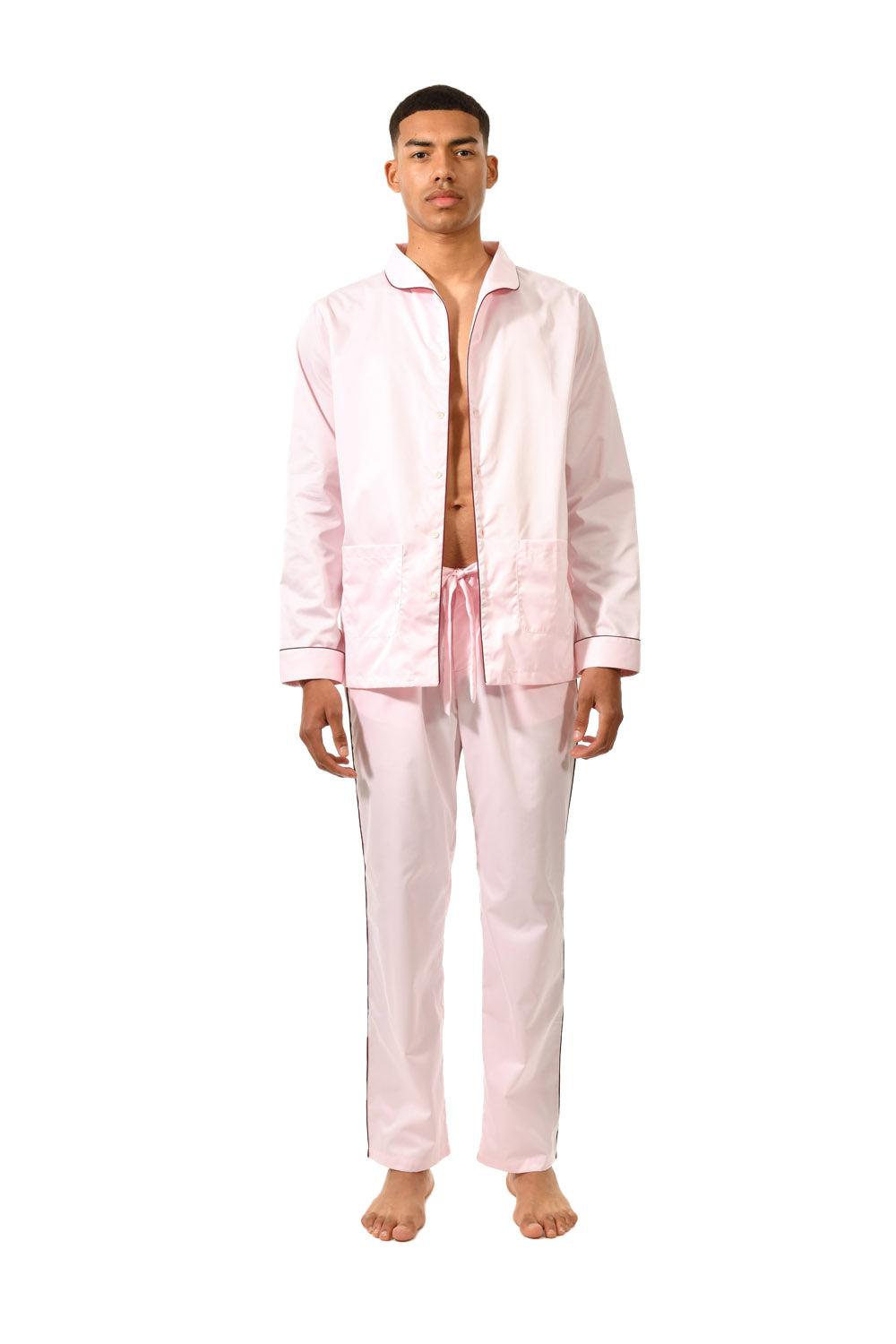 The Waldorf in light pink cotton broadcloth with burgundy piping