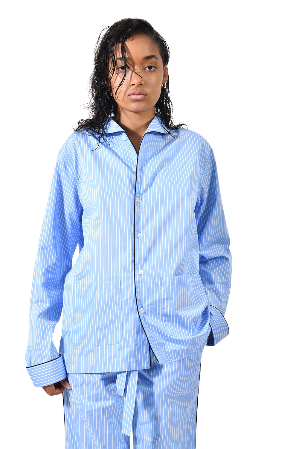 The Waldorf in blue striped cotton broadcloth