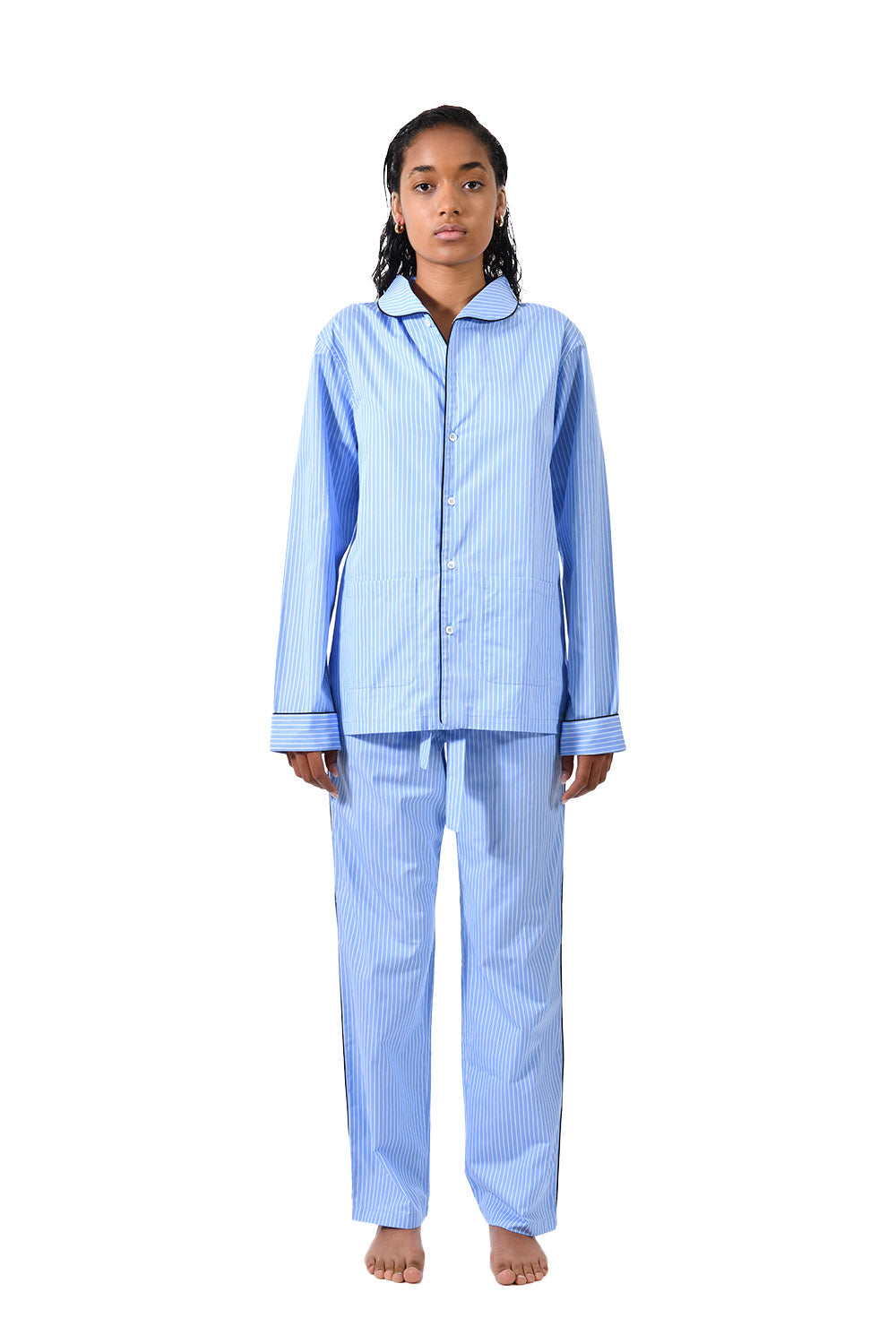 The Waldorf in blue striped cotton broadcloth