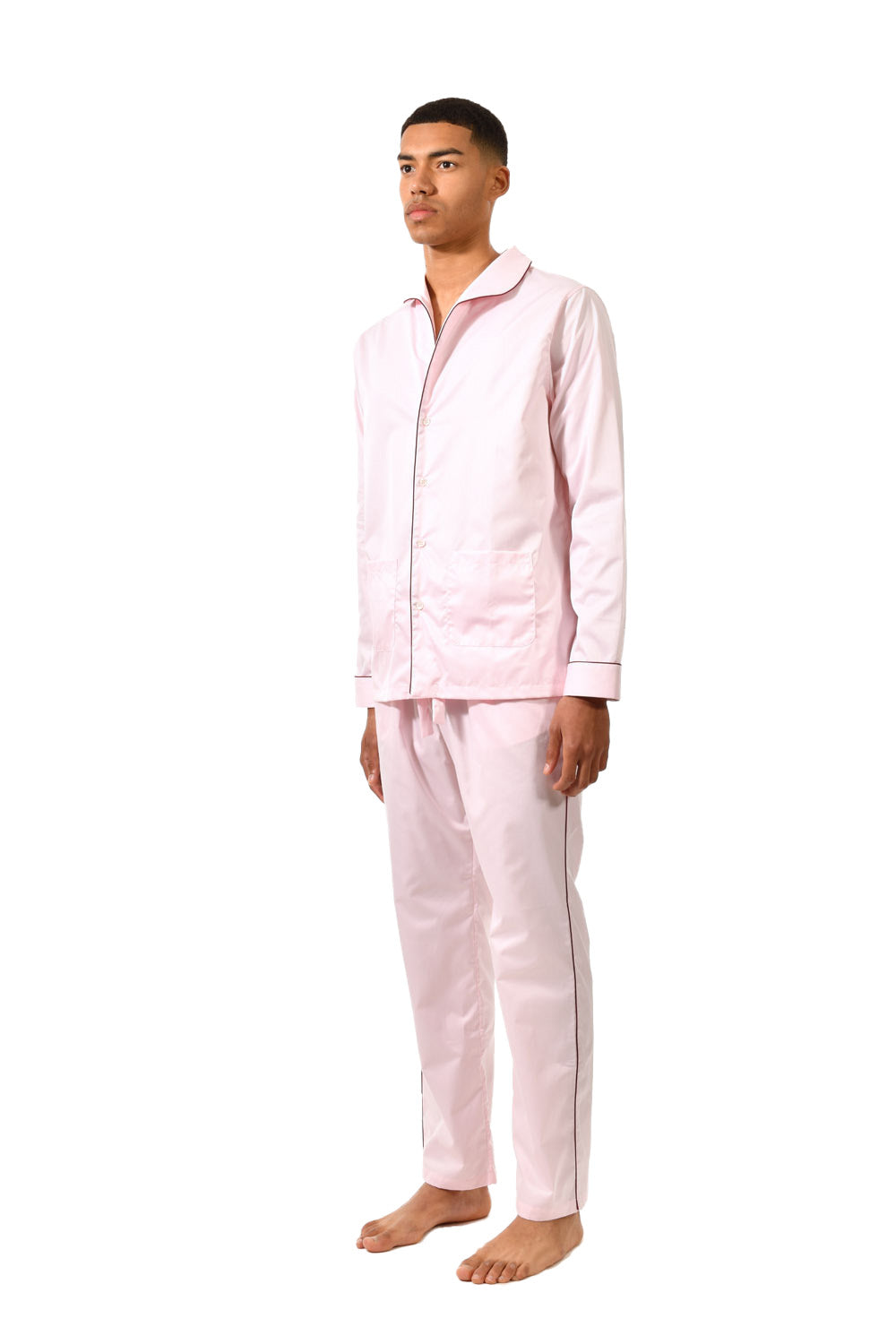 The Waldorf in light pink cotton broadcloth with burgundy piping