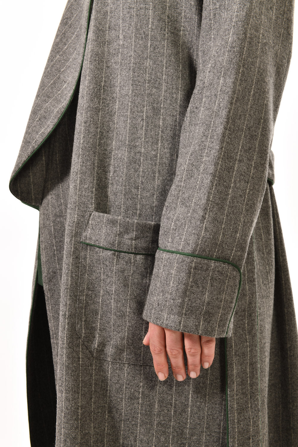 The Brandy in grey chalk stripe wool and cashmere