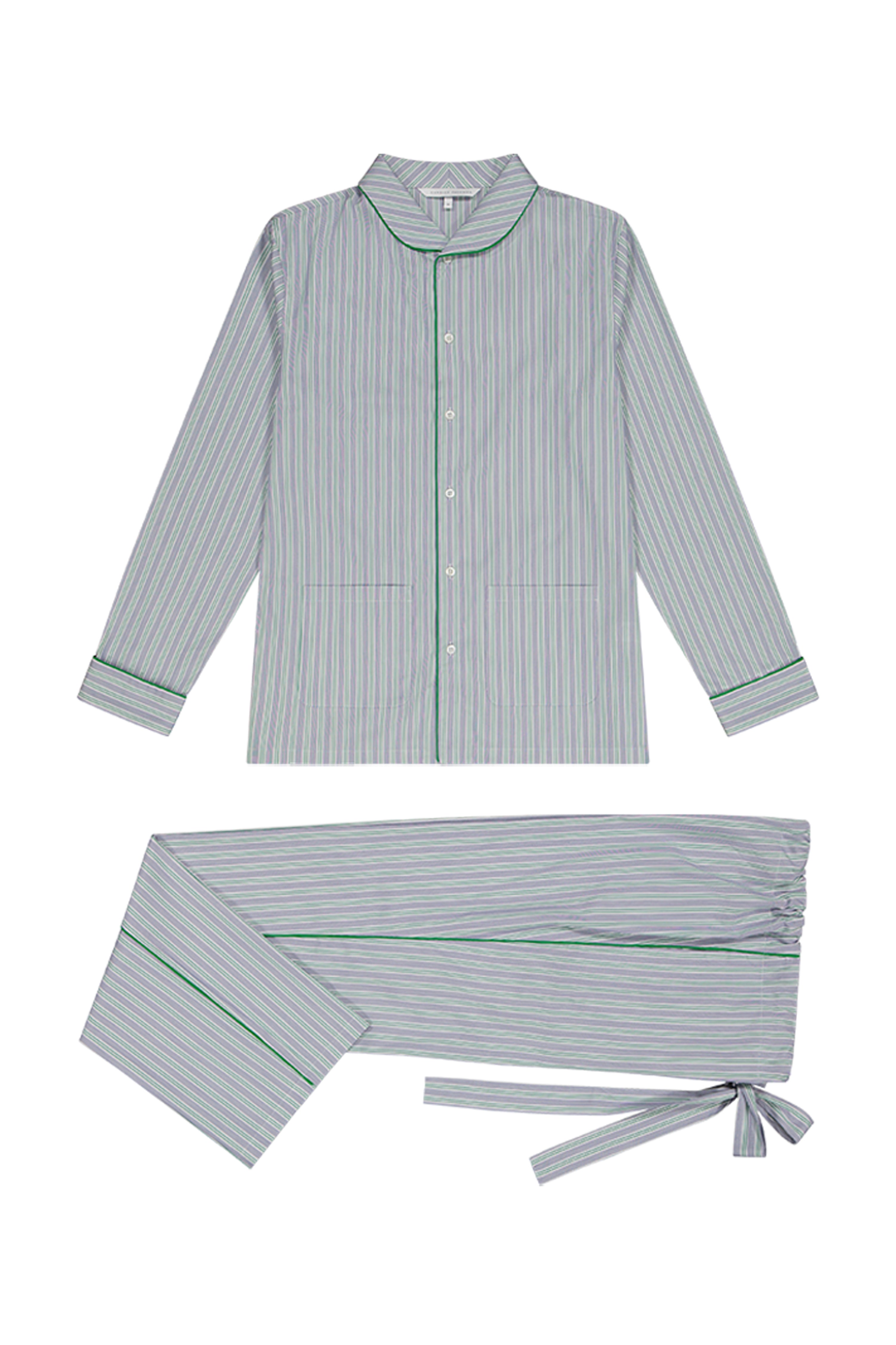 The Waldorf in green striped blue cotton broadcloth