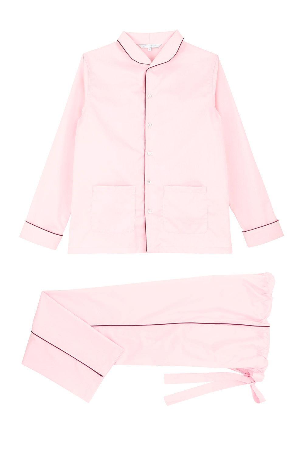 The Waldorf in light pink cotton broadcloth with burgundy piping