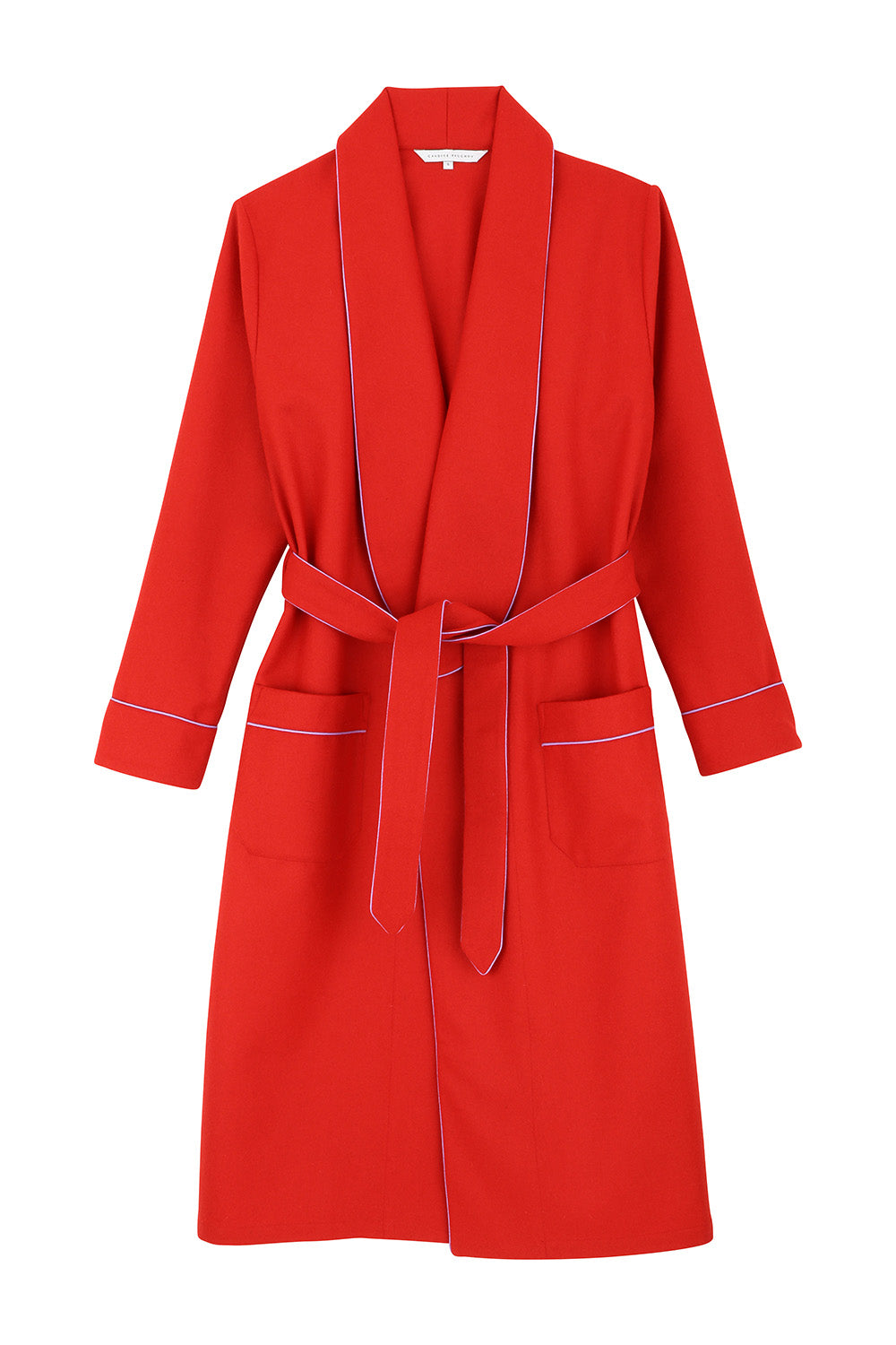 The brandy in red worsted wool with lilac piping