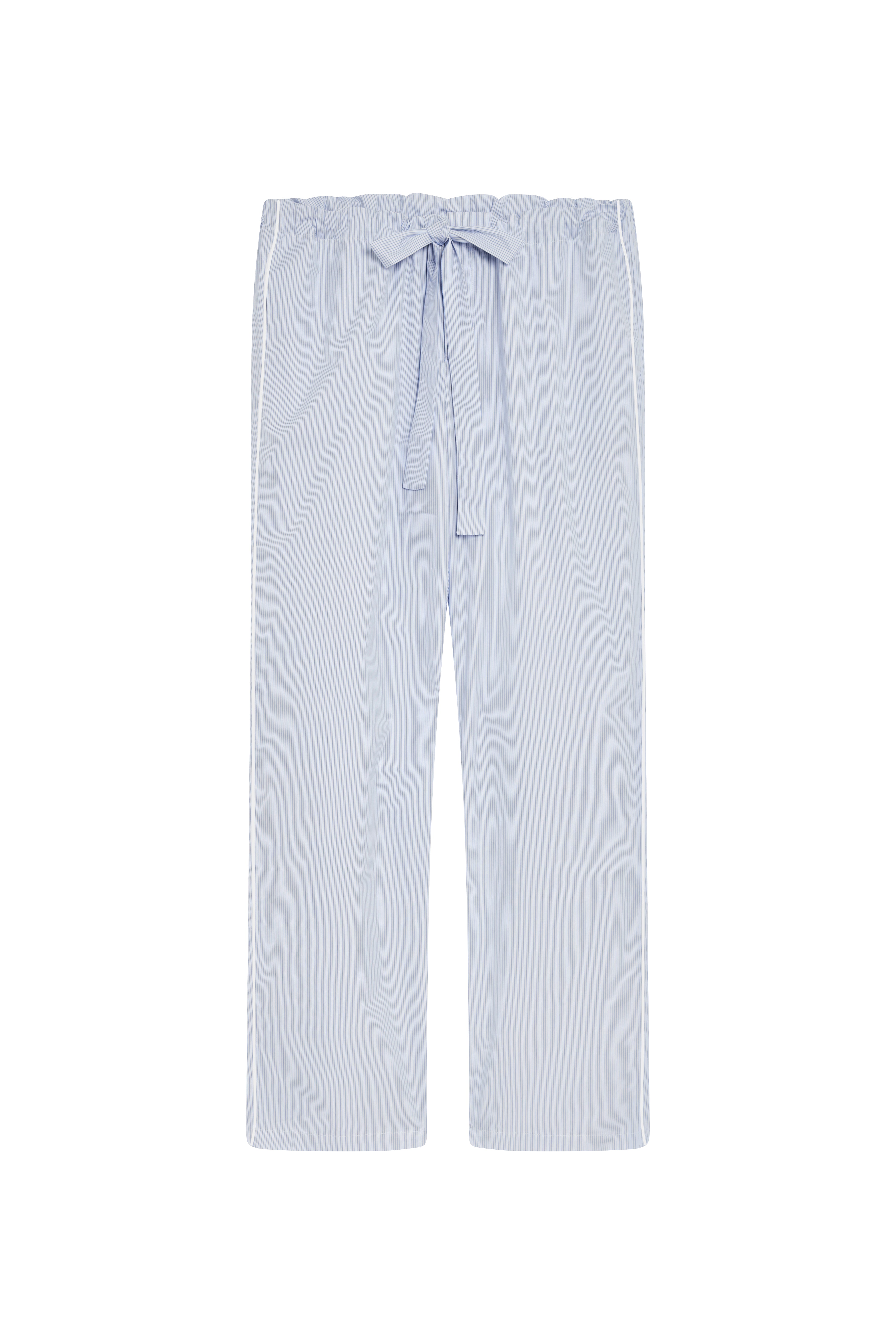 The Waldorf in white cotton broadcloth with thin blue stripes