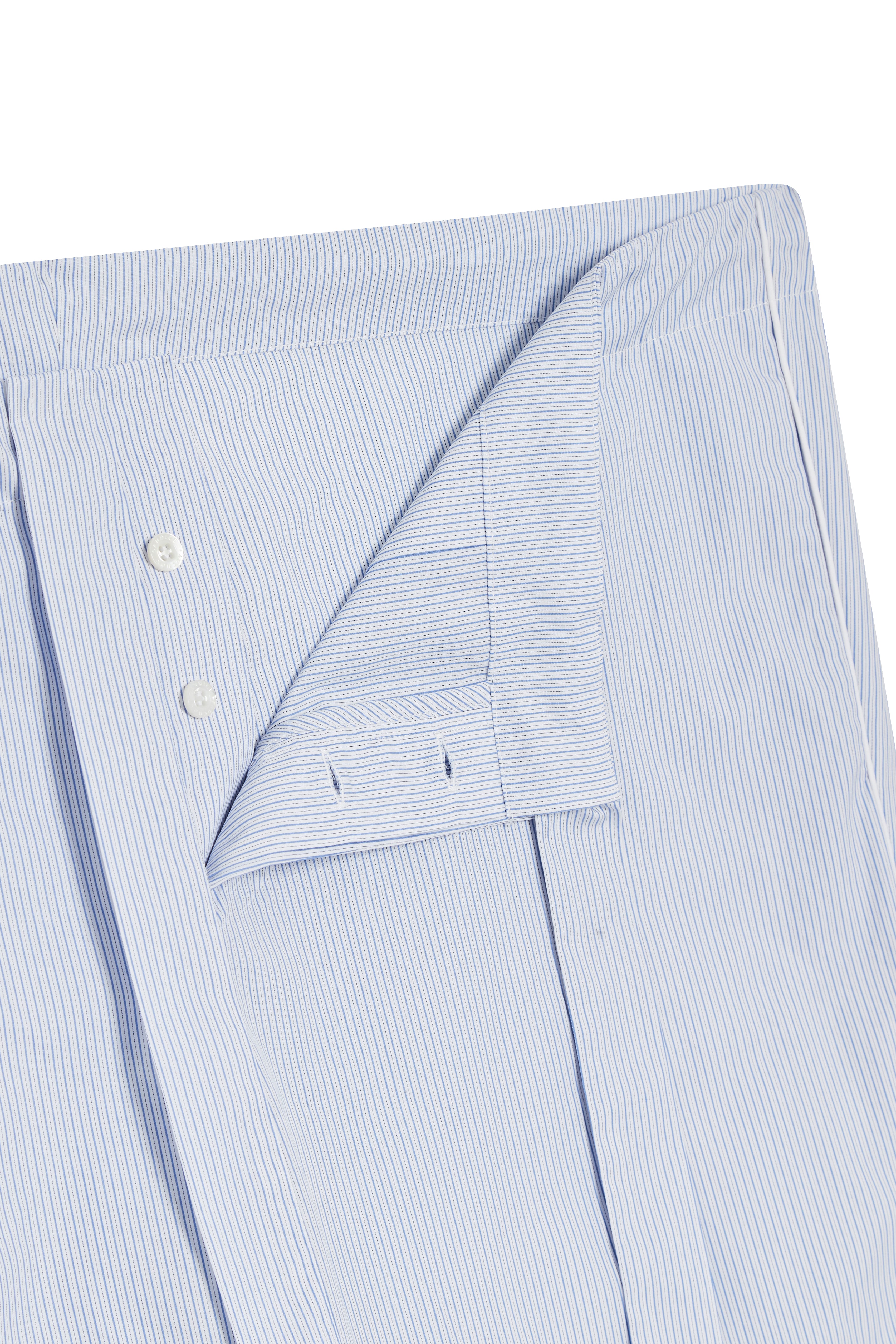 The Waldorf in white cotton broadcloth with thin blue stripes