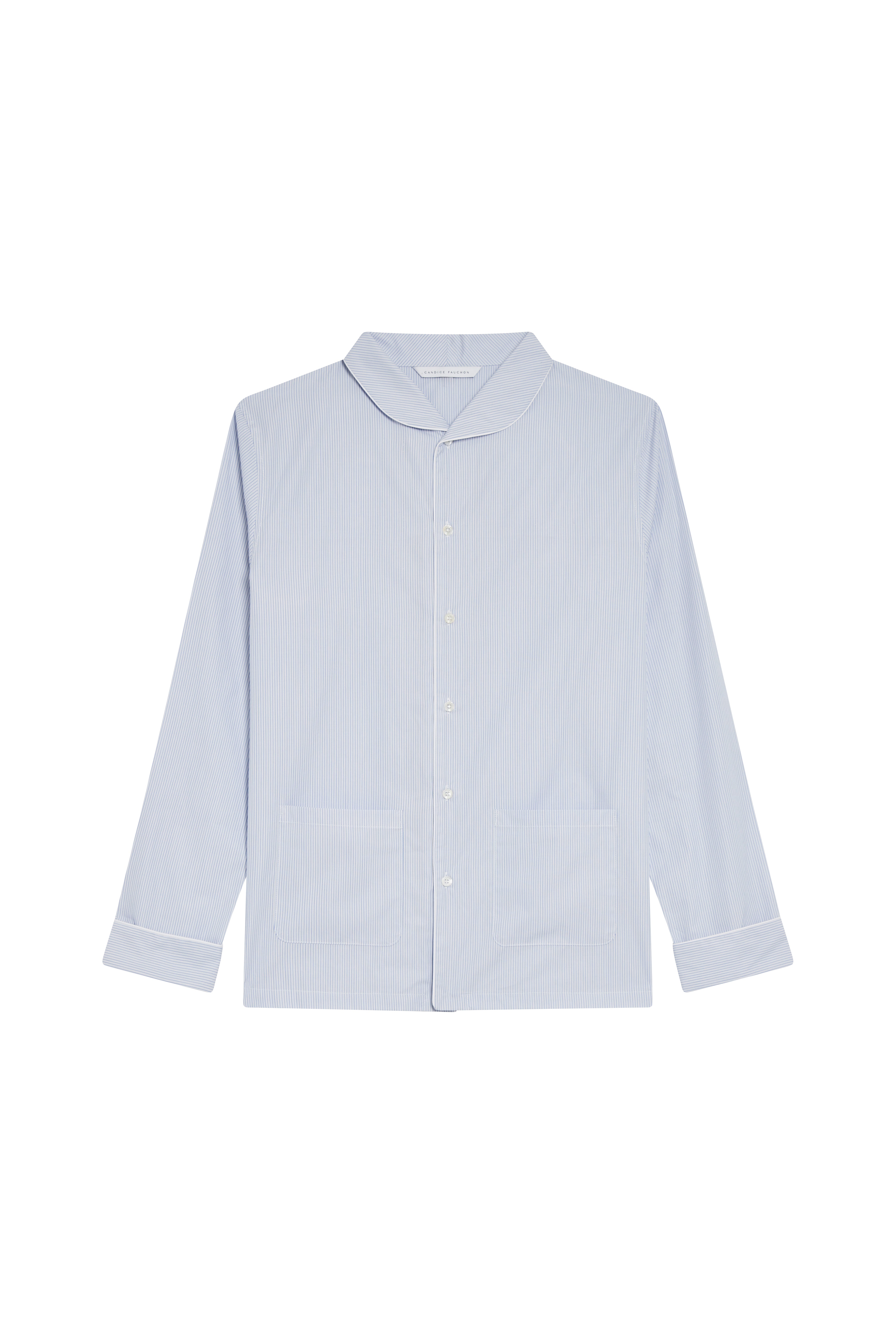 The Waldorf in white cotton broadcloth with thin blue stripes