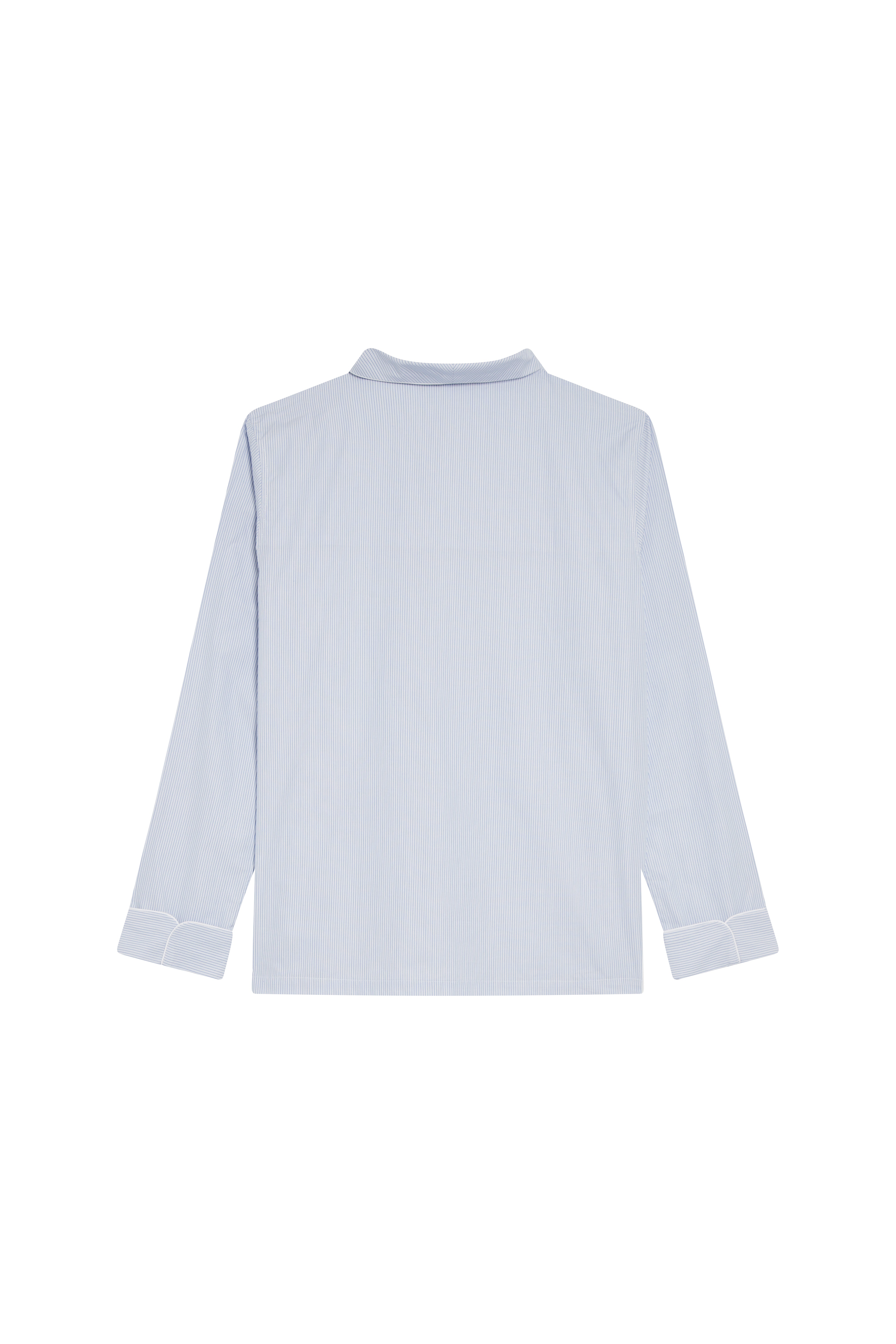 The Waldorf in white cotton broadcloth with thin blue stripes