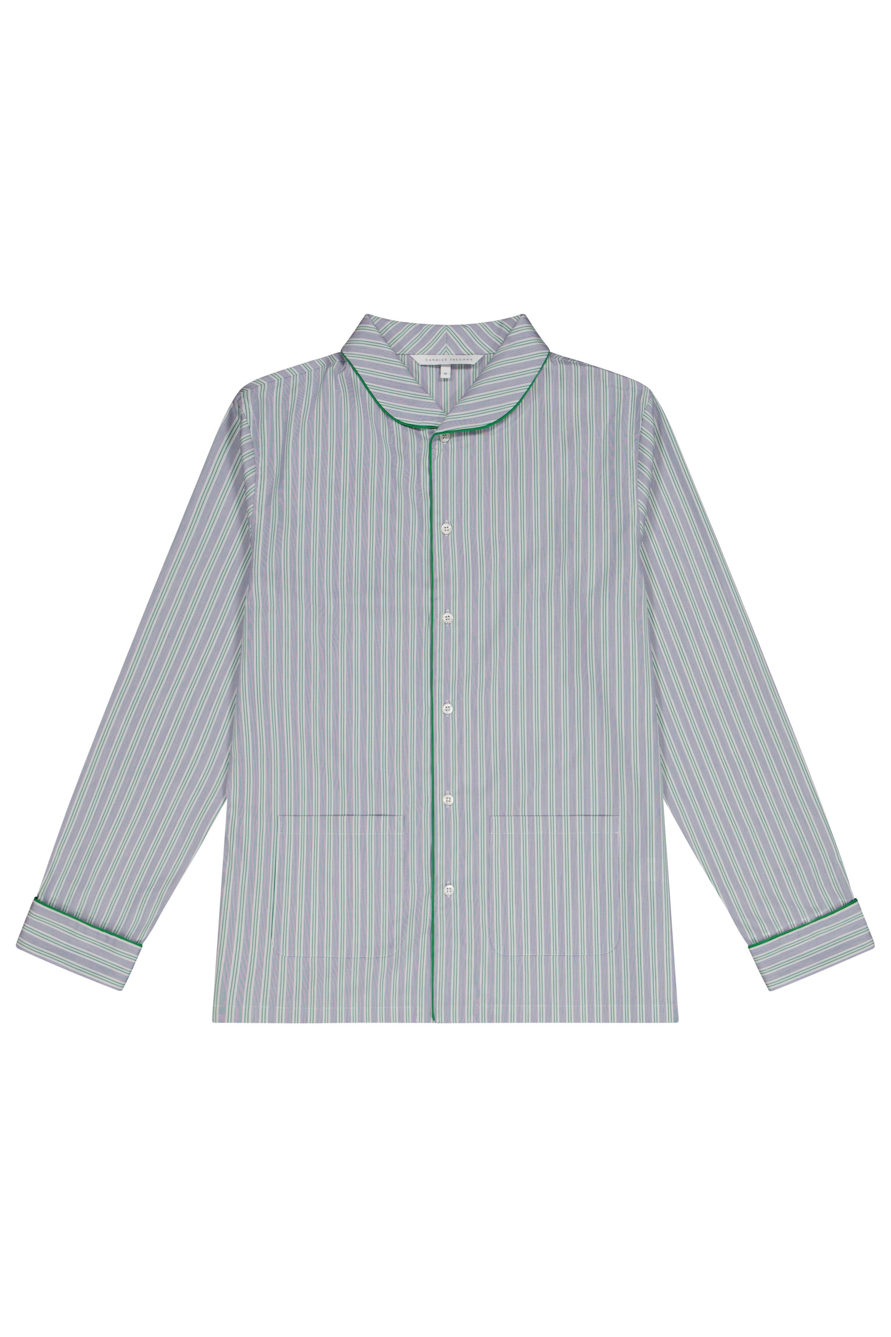 The Waldorf in green striped blue cotton broadcloth