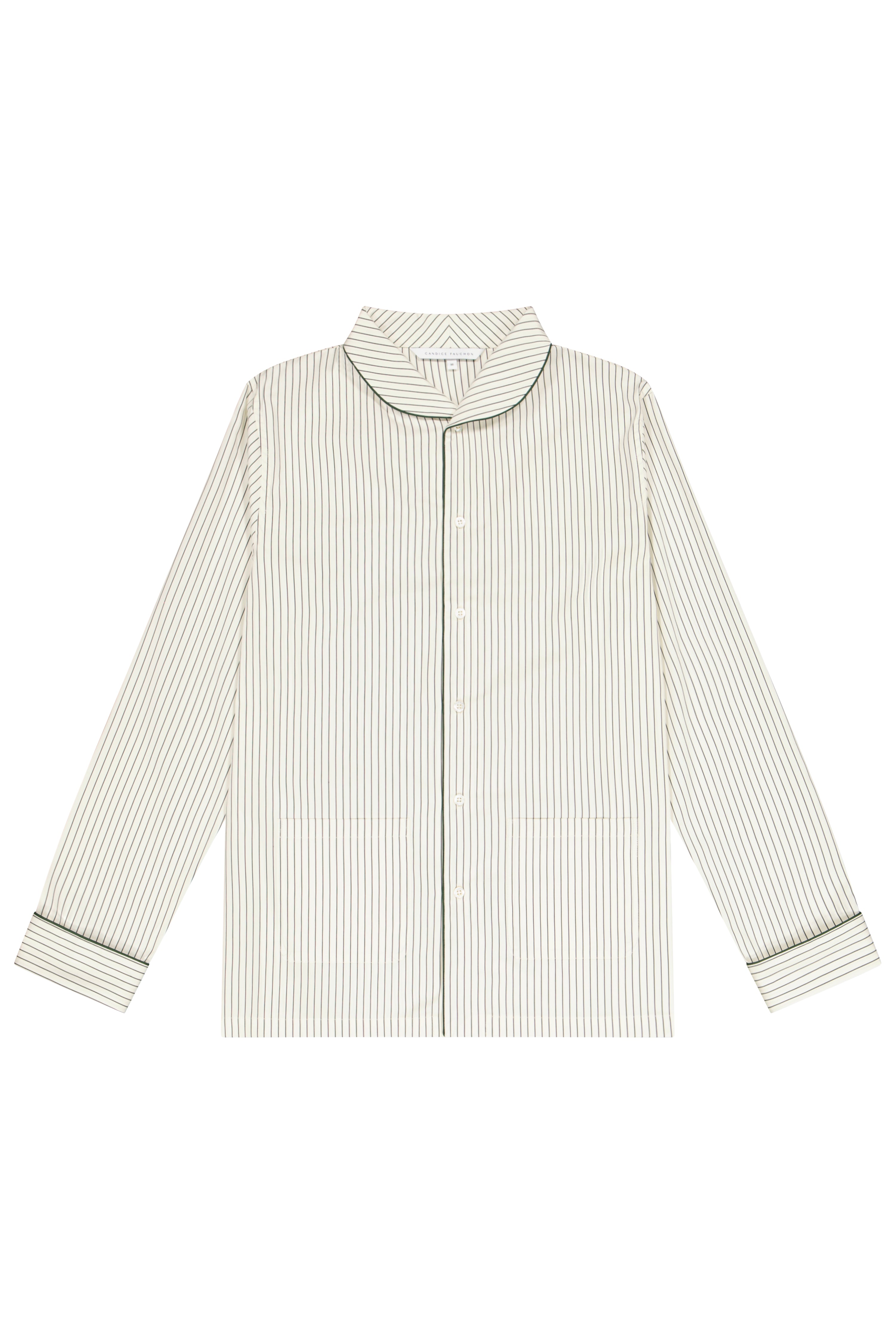 The Waldorf in off-white cotton broadcloth with black stripes