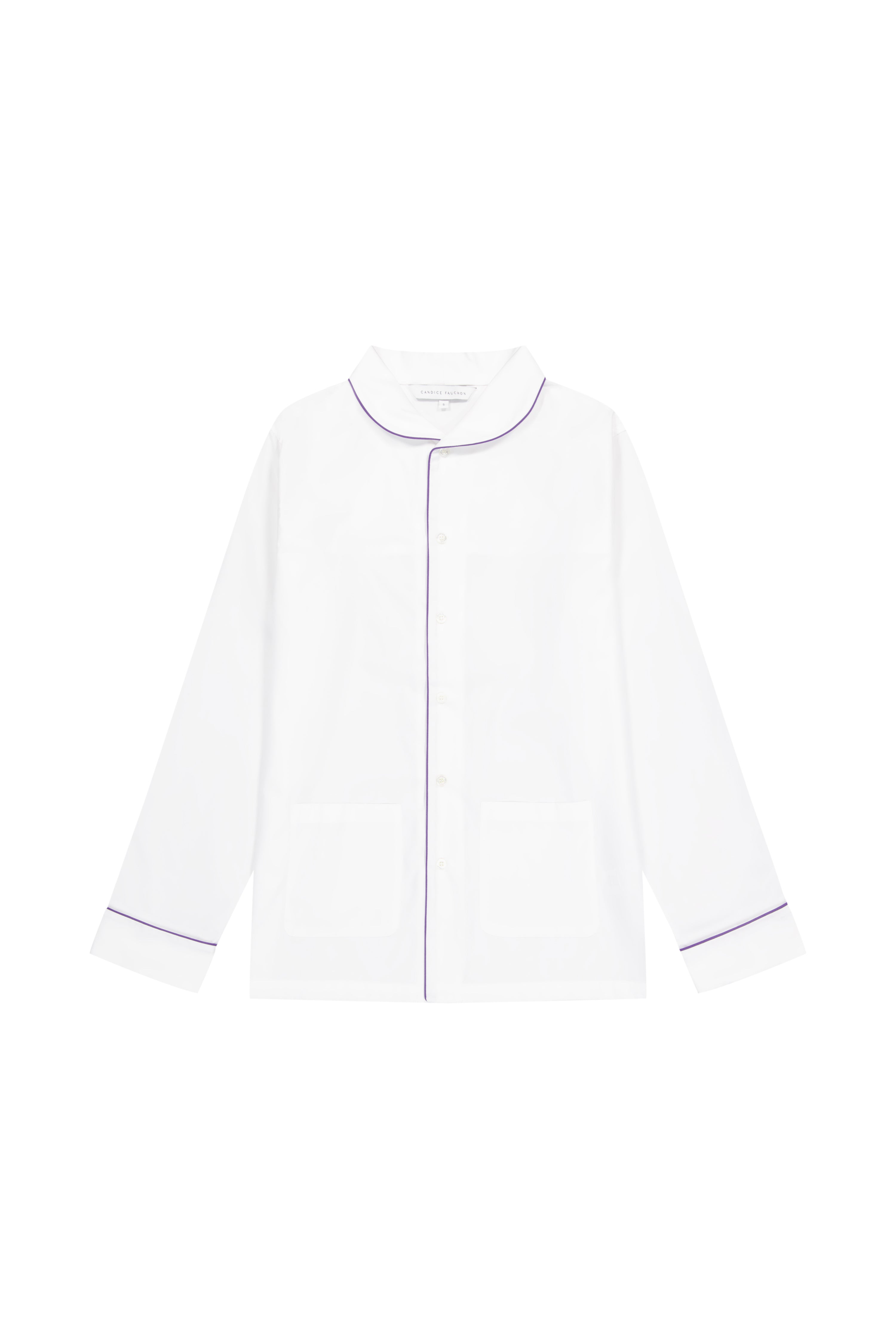 The Waldorf in white cotton broadcloth with purple piping