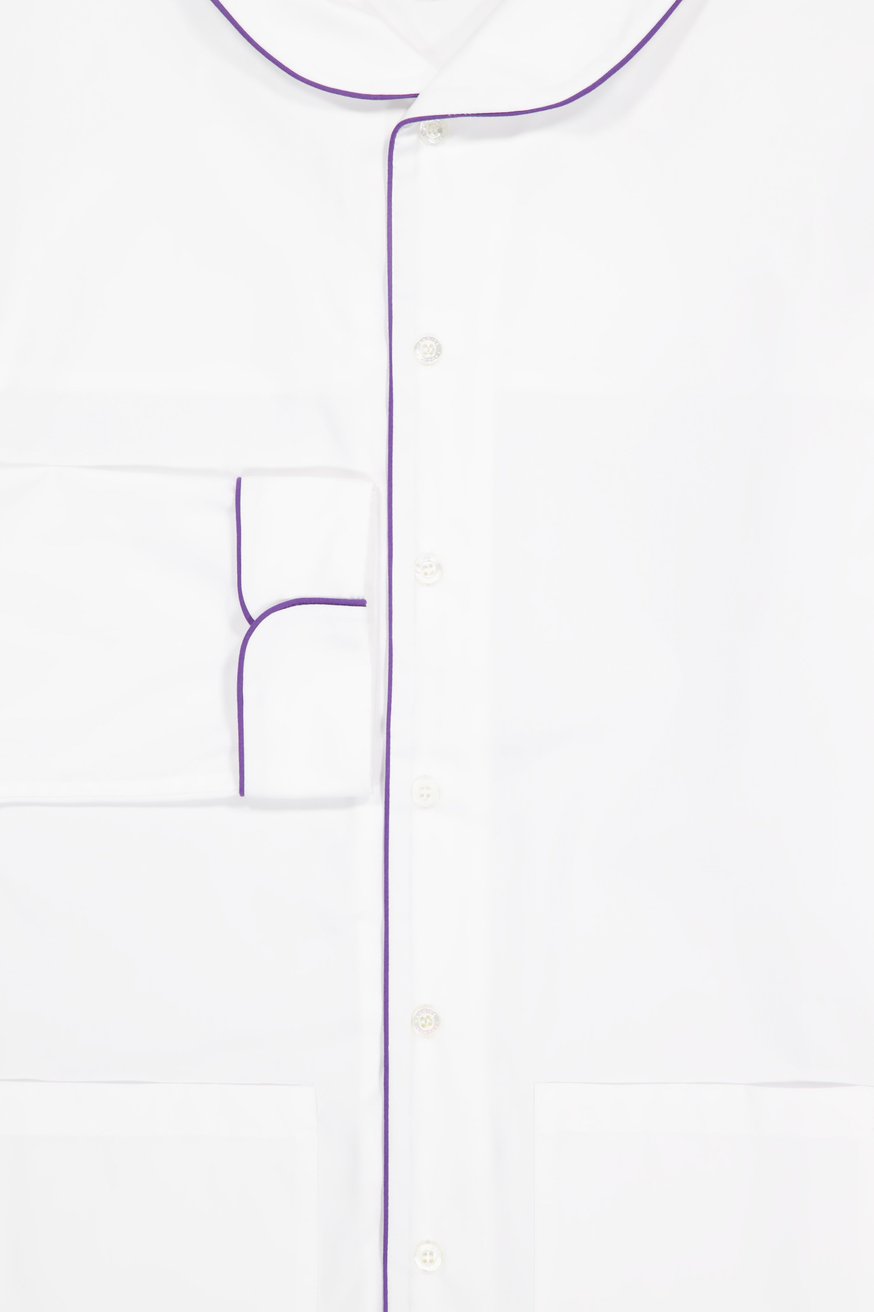 The Waldorf in white cotton broadcloth with purple piping