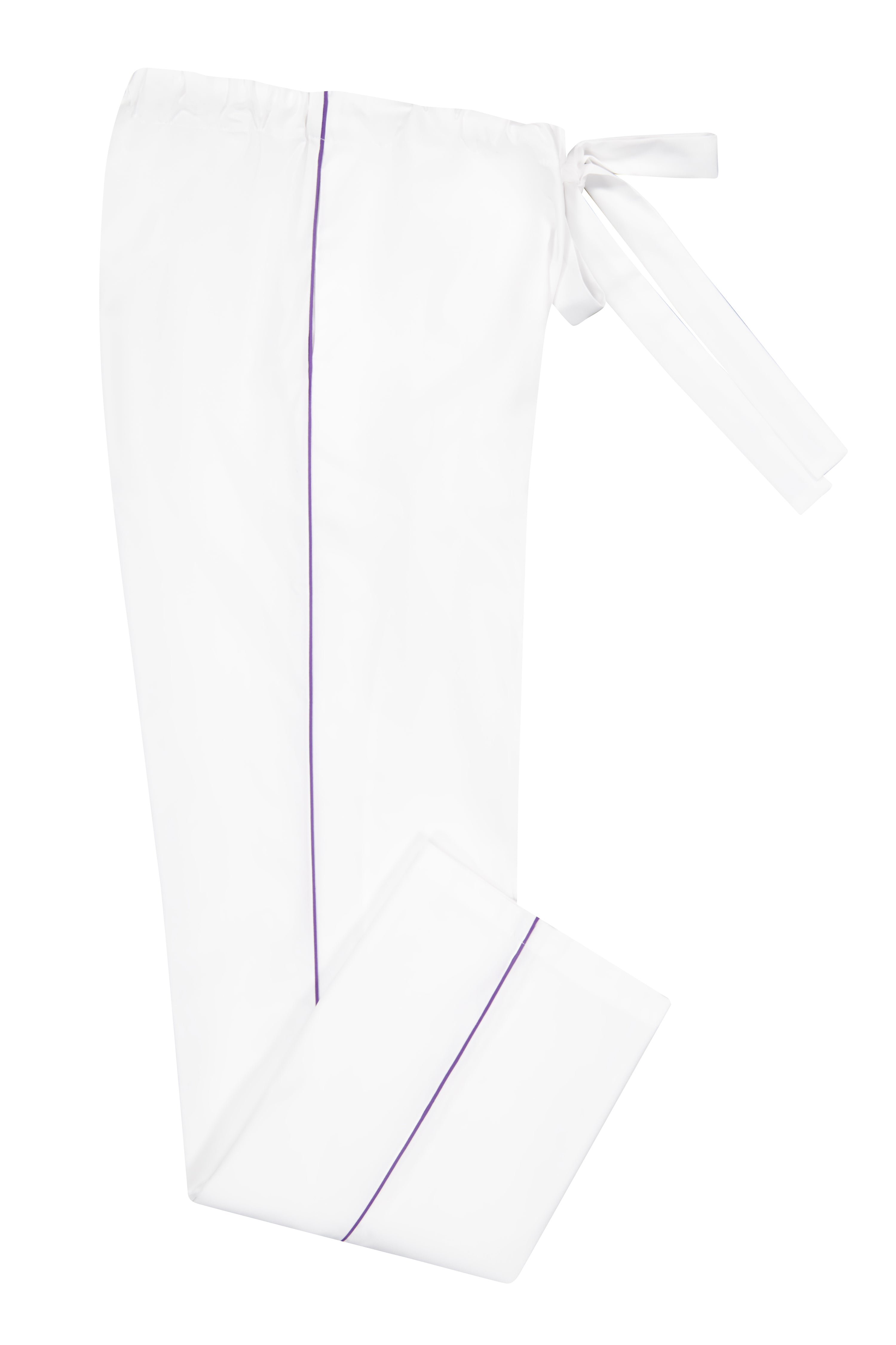 The Waldorf in white cotton broadcloth with purple piping