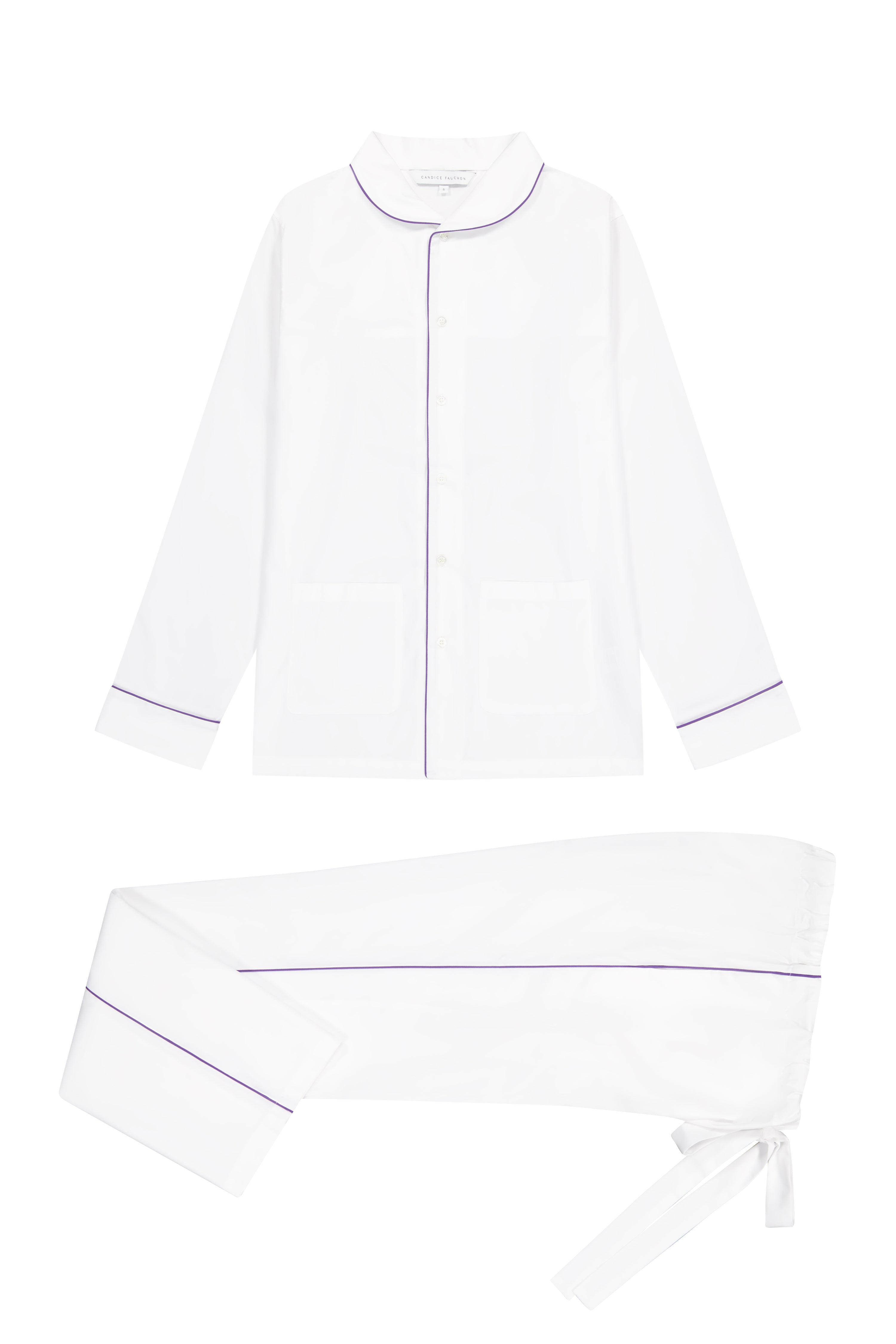 The Waldorf in white cotton broadcloth with purple piping
