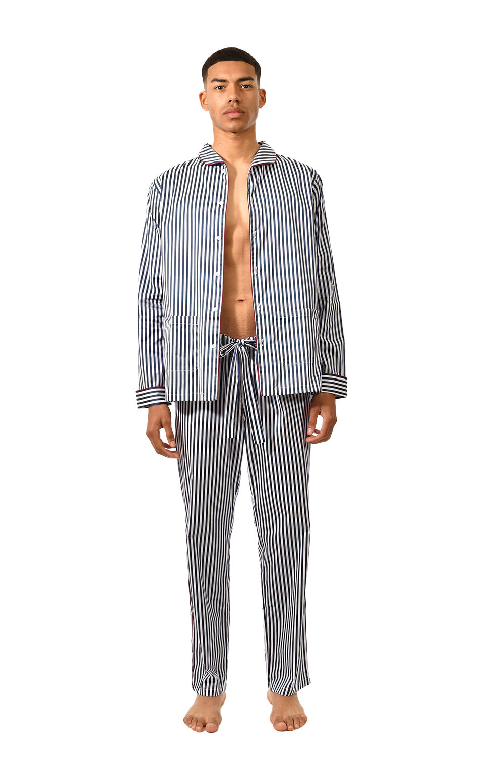 The Waldorf in midnight blue cotton broadcloth with large white stripes