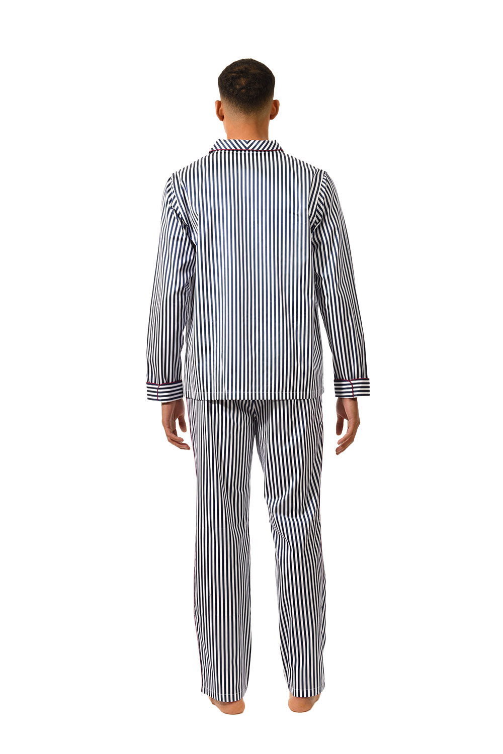 The Waldorf in midnight blue cotton broadcloth with large white stripes