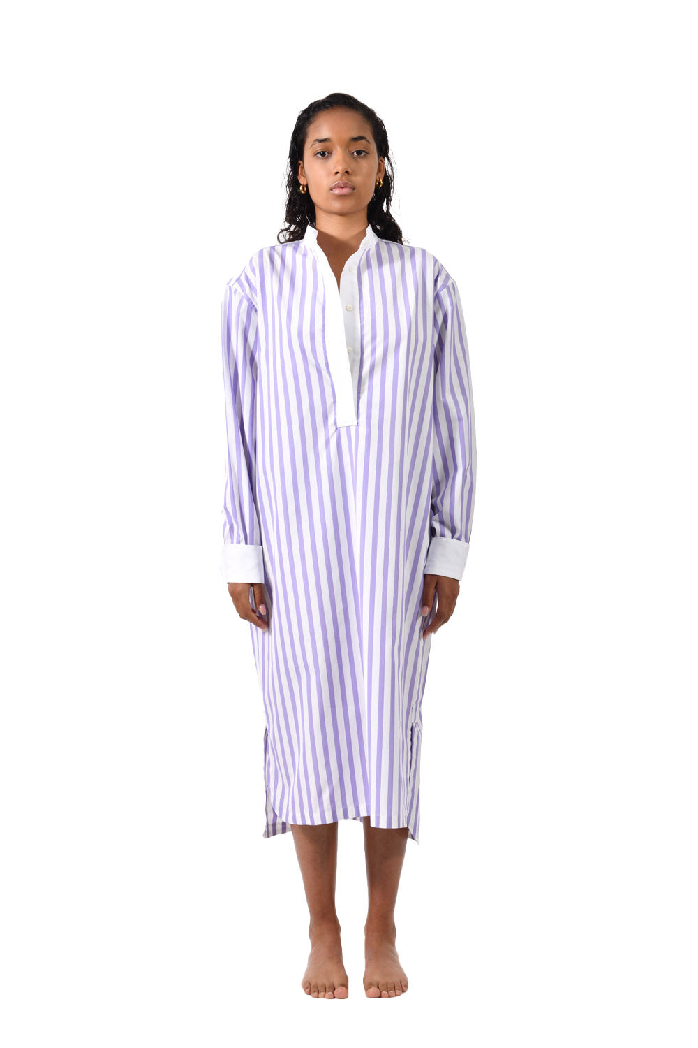 The Eddie in striped lilac and white cotton broadcloth 