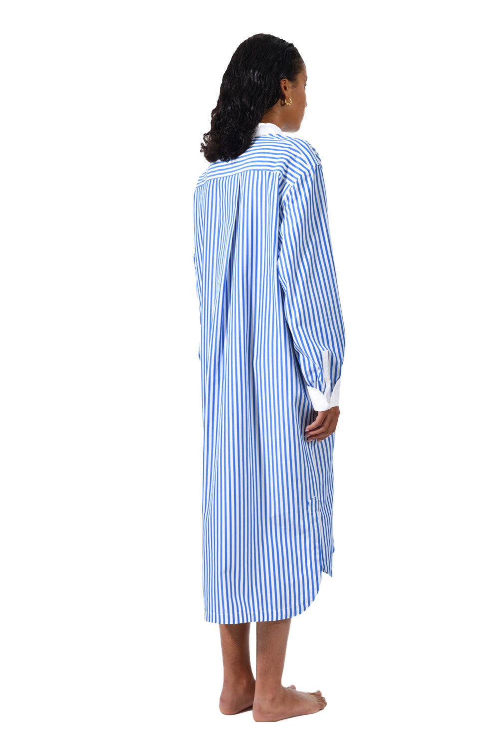 The Eddie in striped blue and white cotton broadcloth 