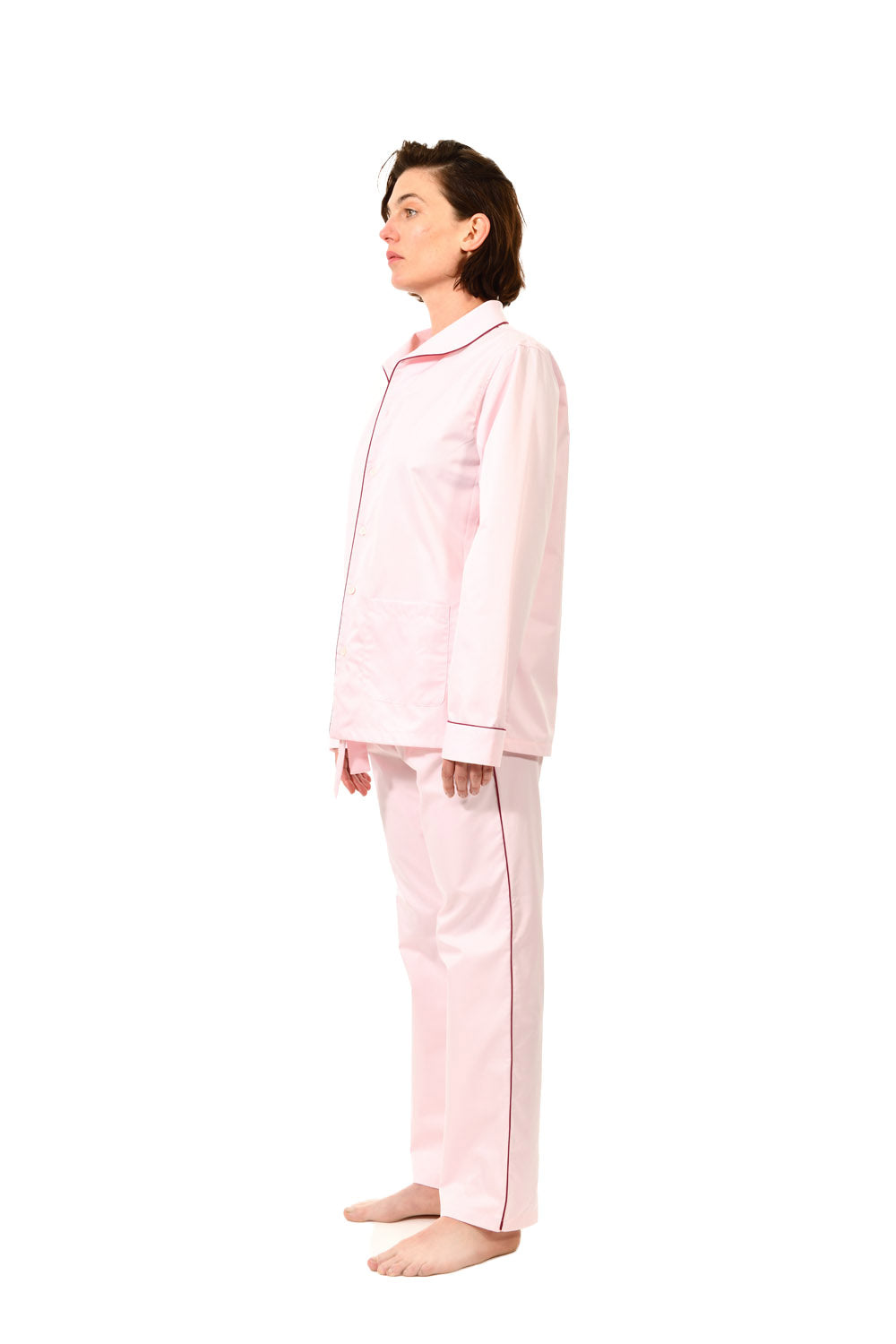 The Waldorf in light pink cotton broadcloth with burgundy piping