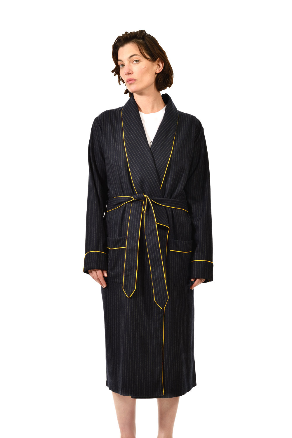 The Brandy in navy chalk stripe worsted wool with yellow piping