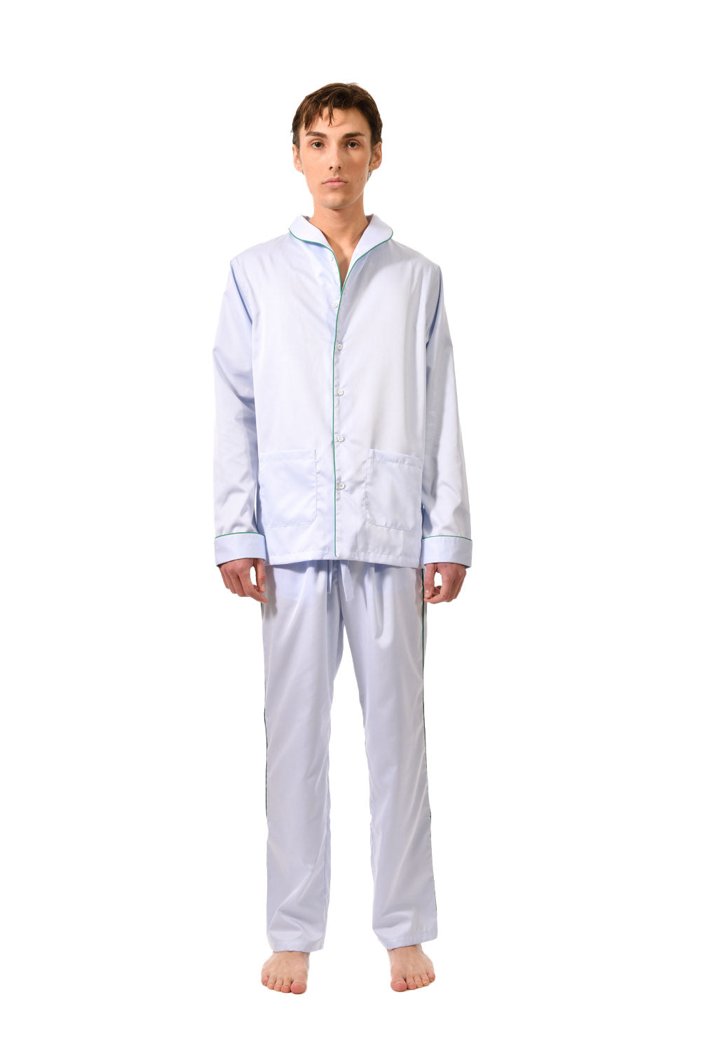 The Waldorf in sky blue cotton broadcloth with emerald piping