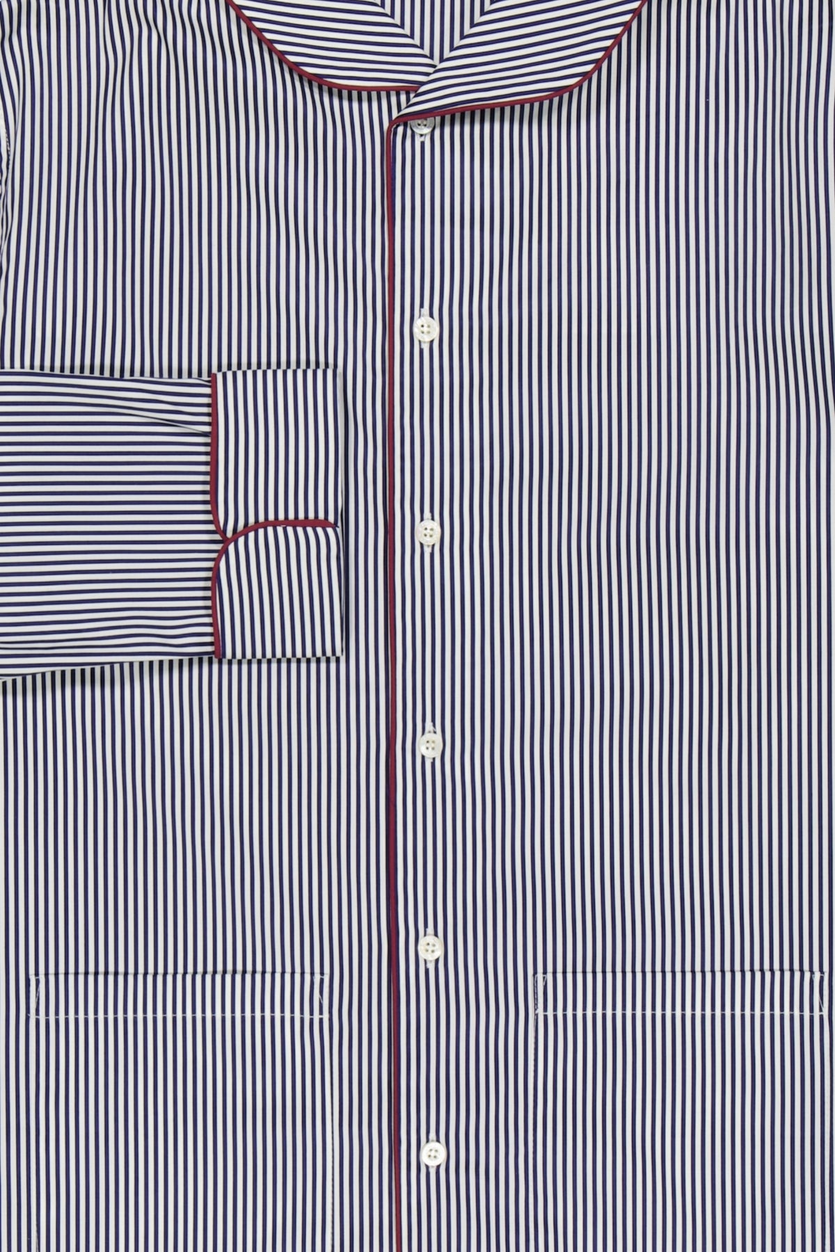 The Waldorf in navy striped cotton poplin with burgundy piping