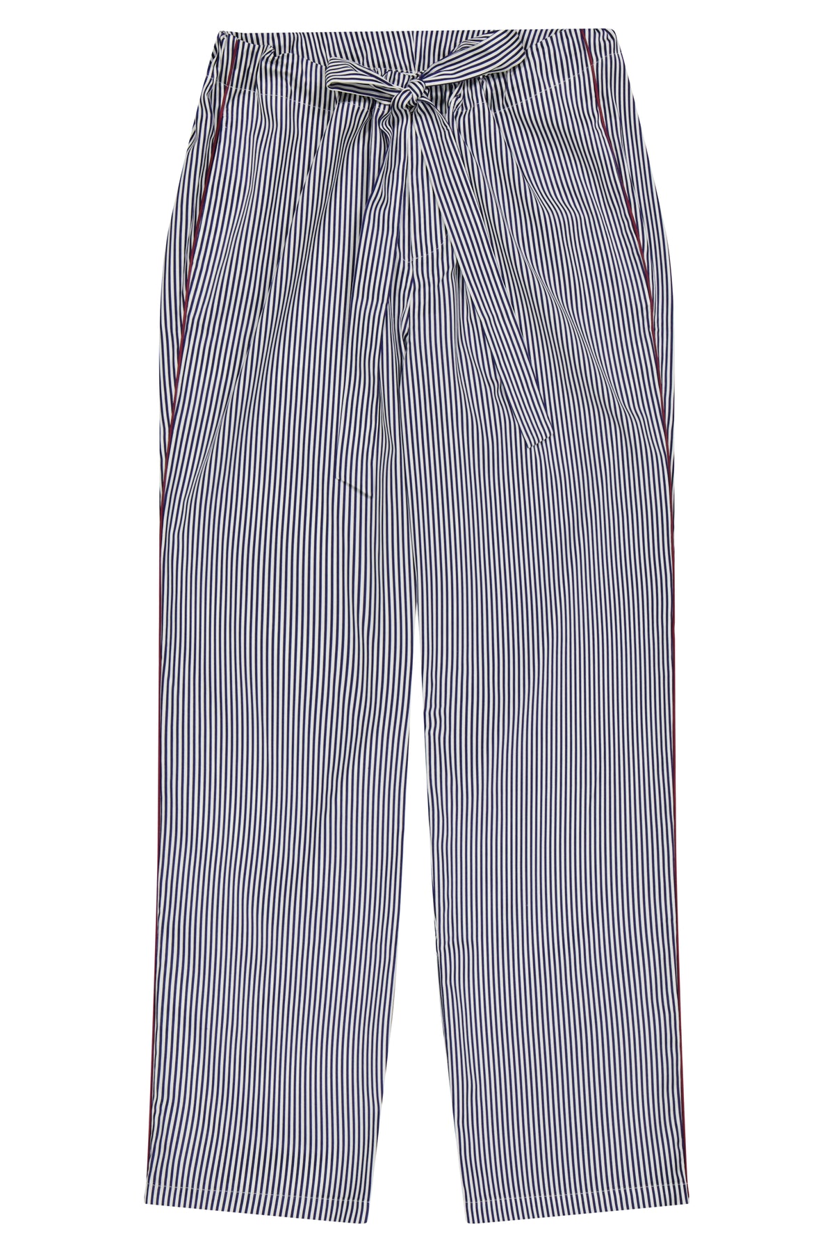 The Waldorf in navy striped cotton poplin with burgundy piping