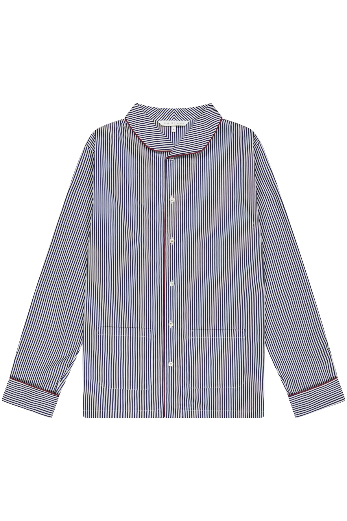 The Waldorf in navy striped cotton poplin with burgundy piping