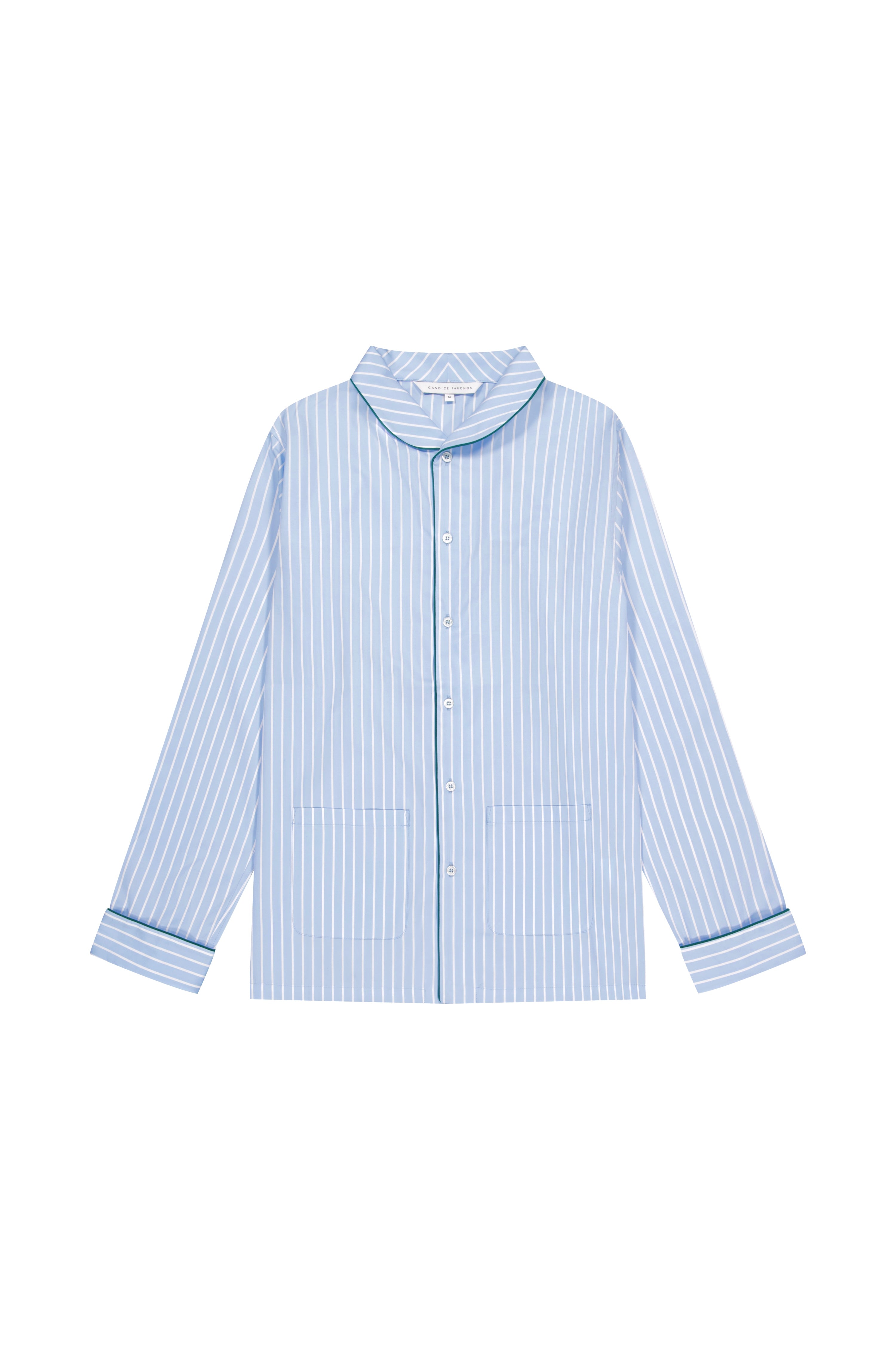 The Waldorf in large blue striped cotton broadcloth with green piping