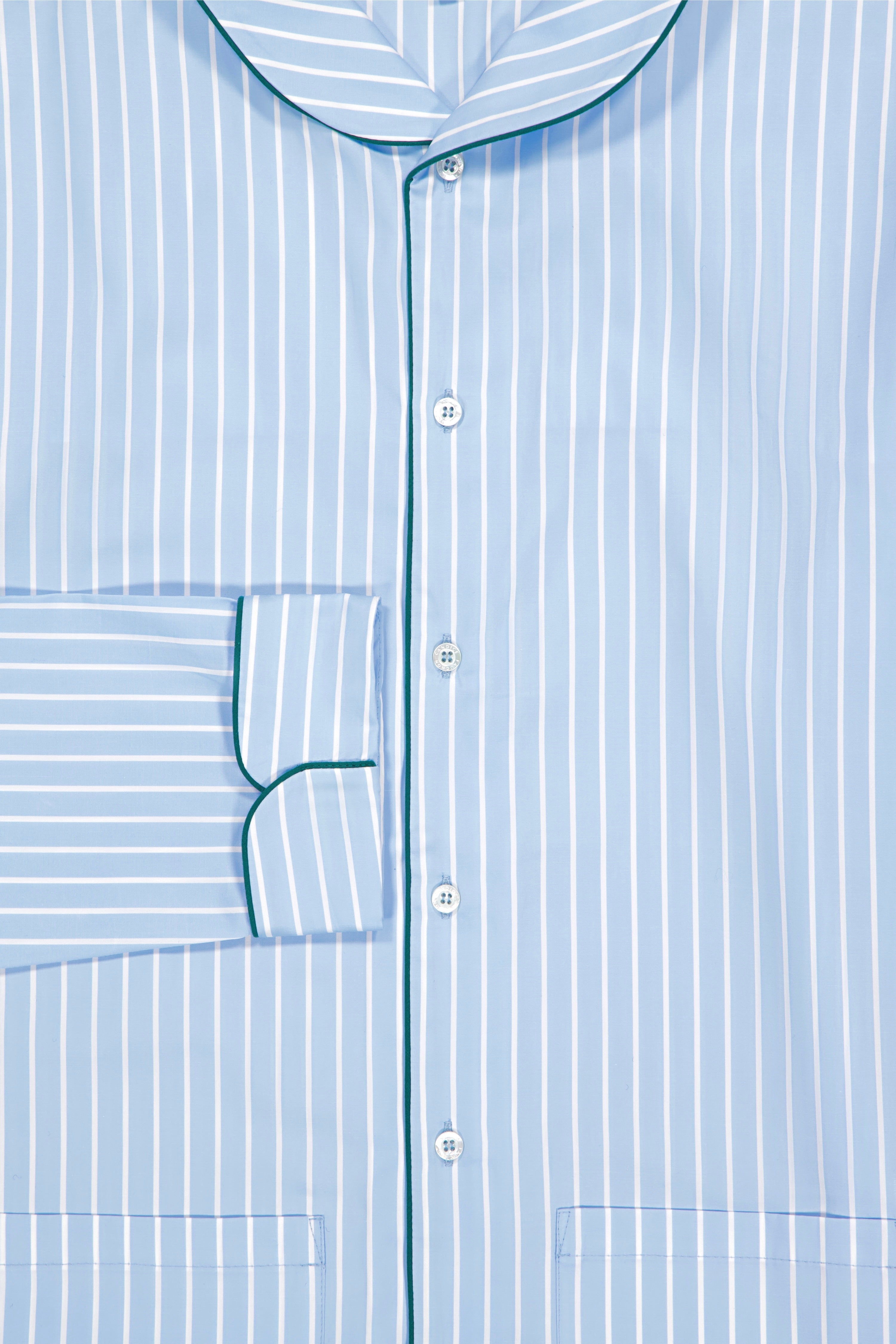 The Waldorf in large blue striped cotton broadcloth with green piping