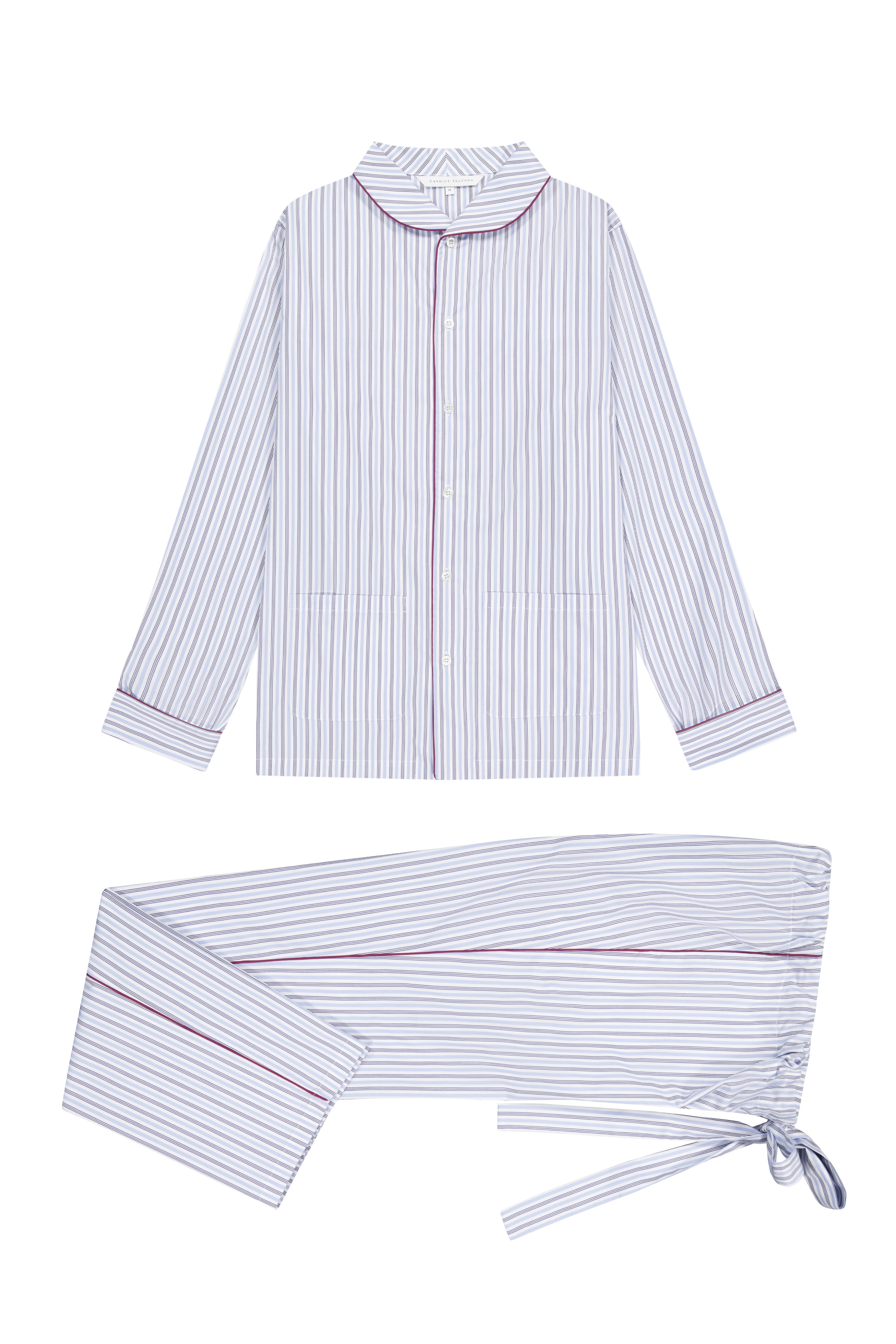 The Waldorf in thin blue striped cotton broadcloth with burgundy piping