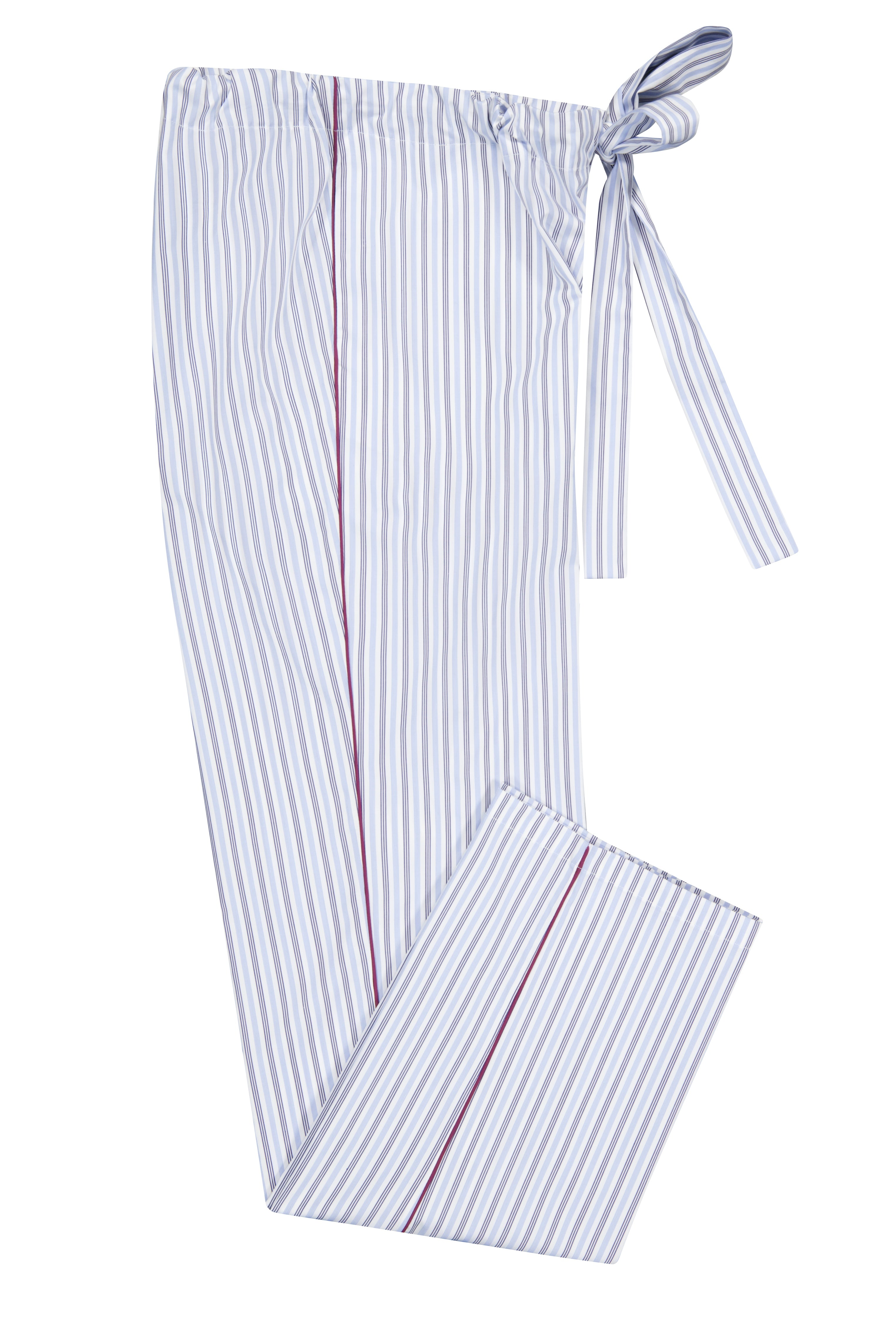 The Waldorf in thin blue striped cotton broadcloth with burgundy piping