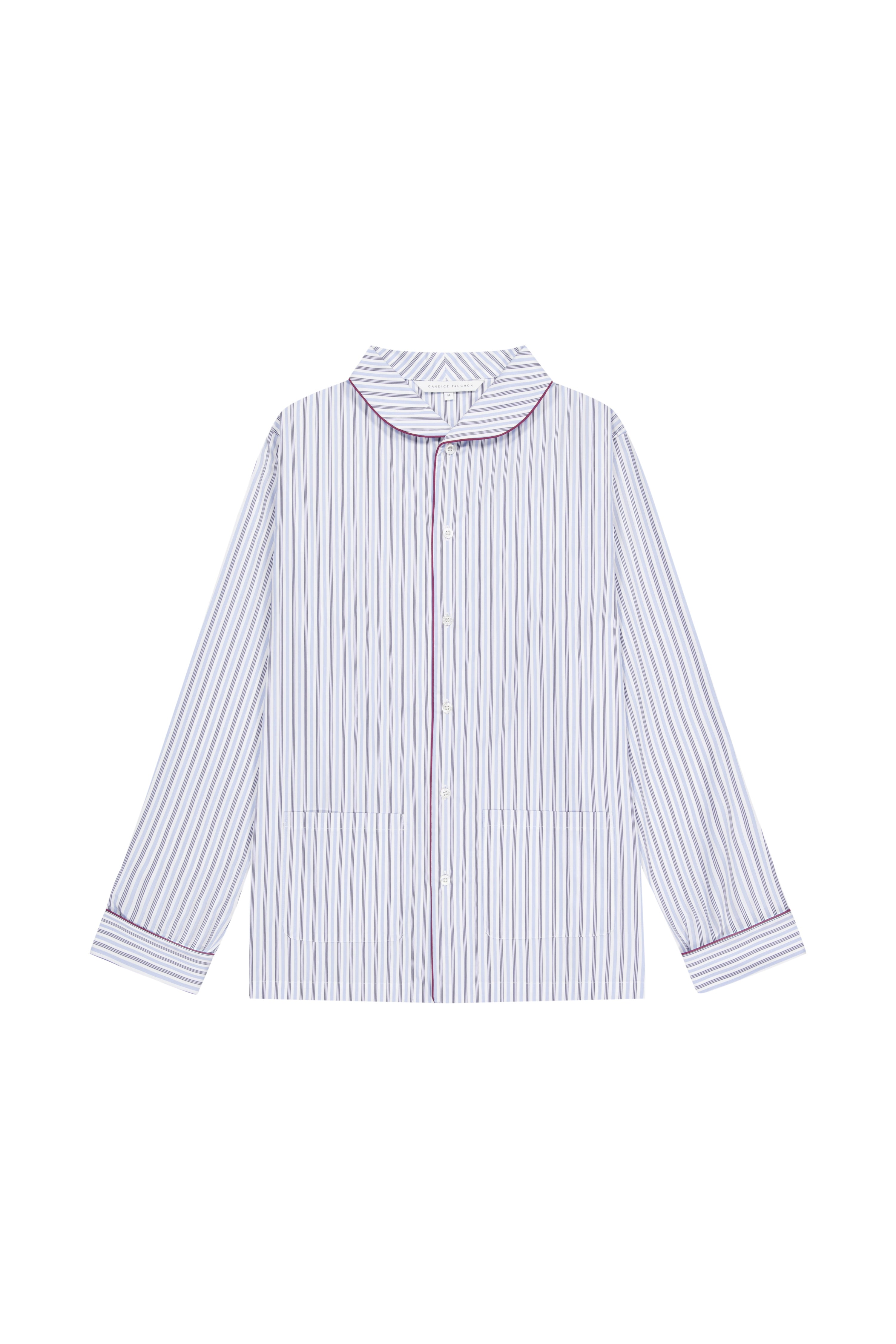 The Waldorf in thin blue striped cotton broadcloth with burgundy piping