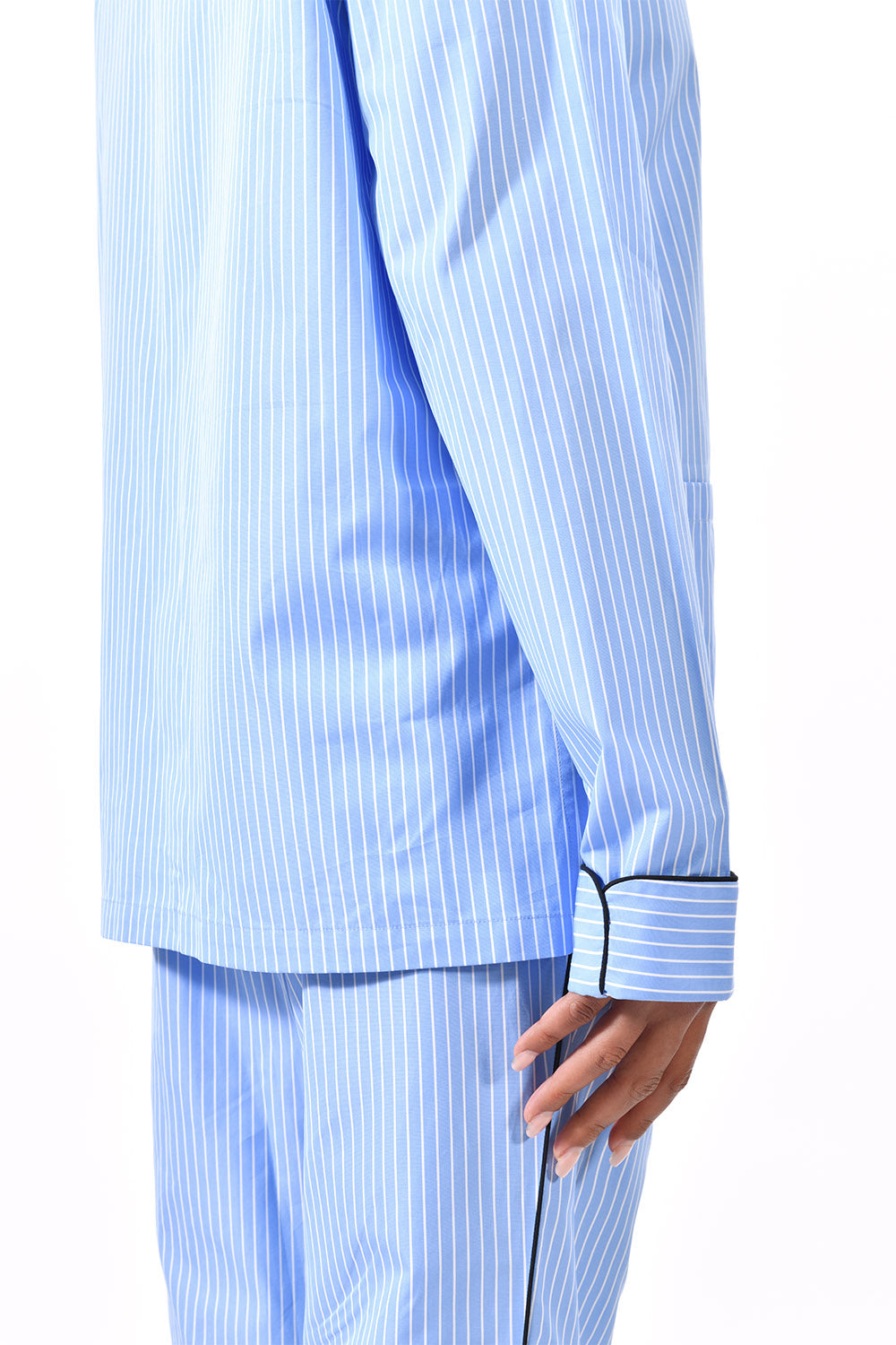 The Waldorf in blue striped cotton broadcloth