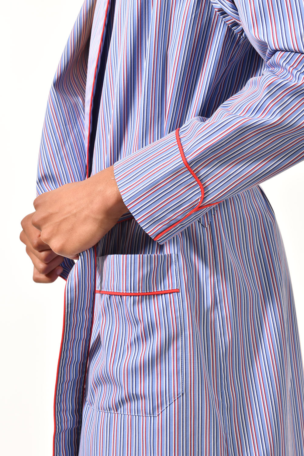 The Brandy in blue and red striped cotton broadcloth