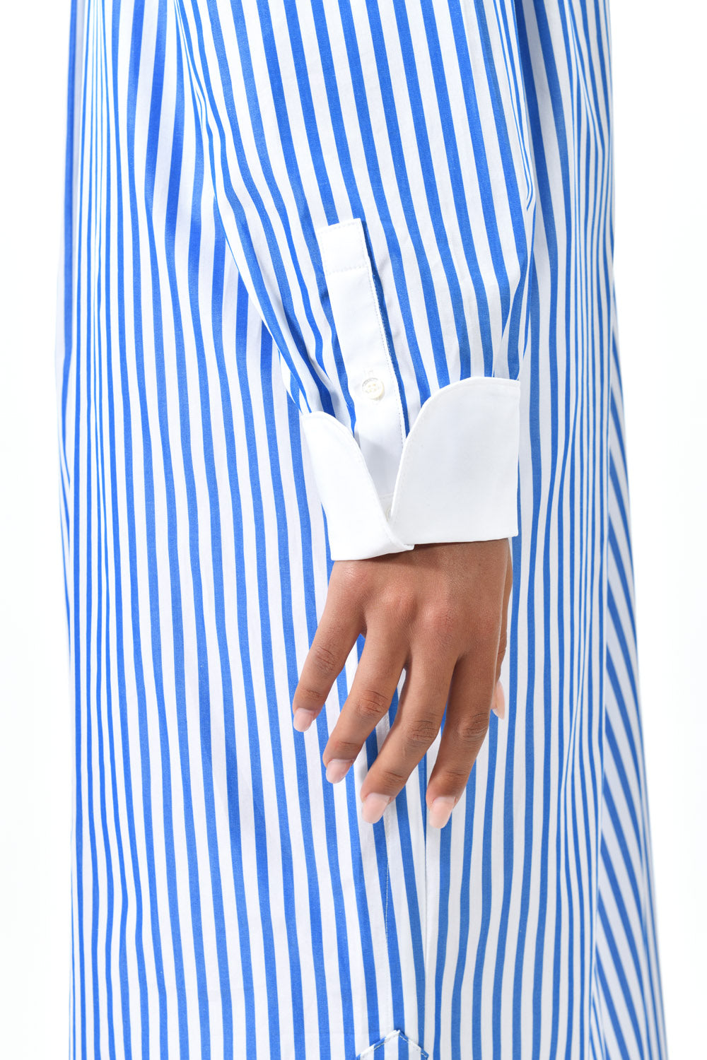 The Eddie in striped blue and white cotton broadcloth 