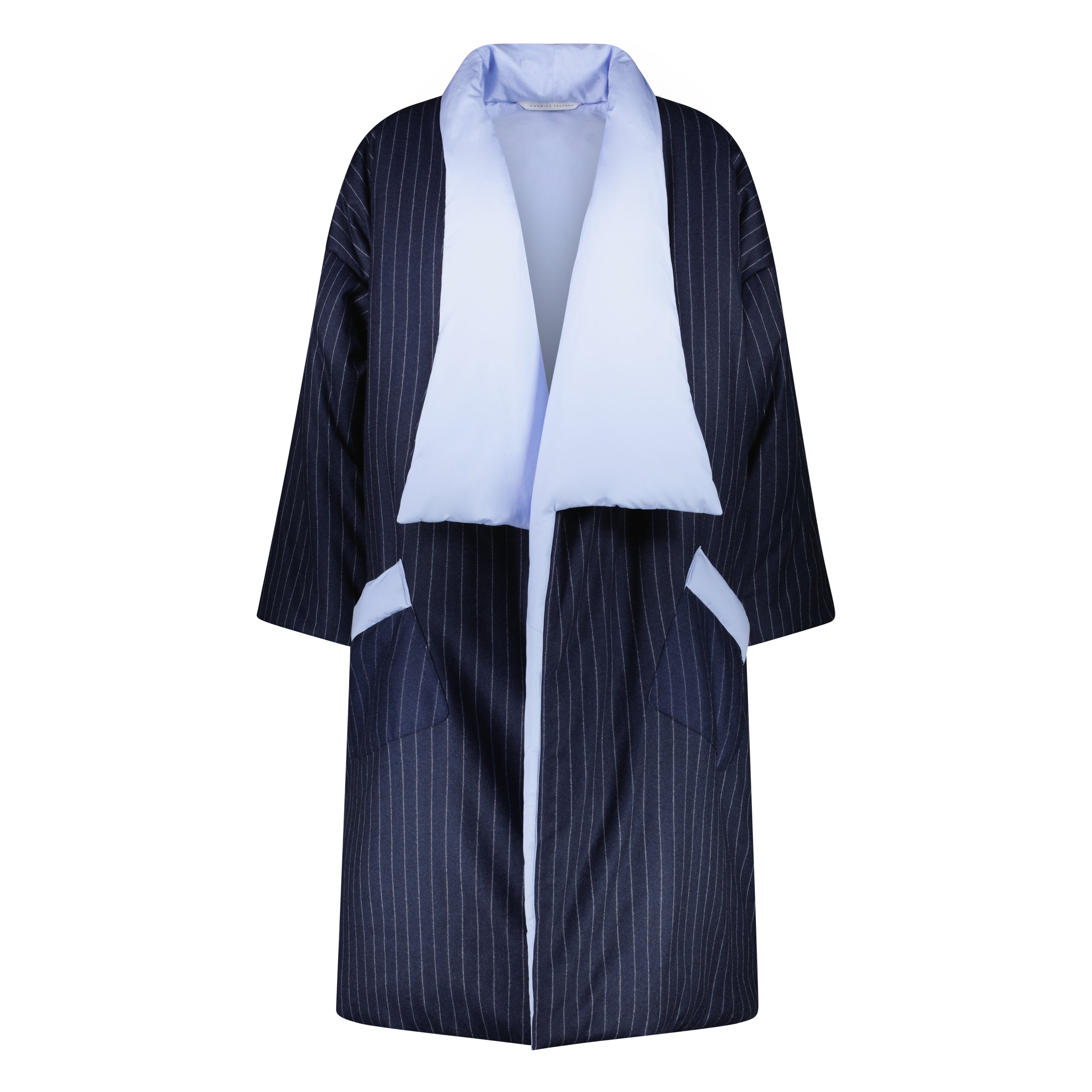 The Edo in navy pinstripe flannel wool and cotton broadcloth