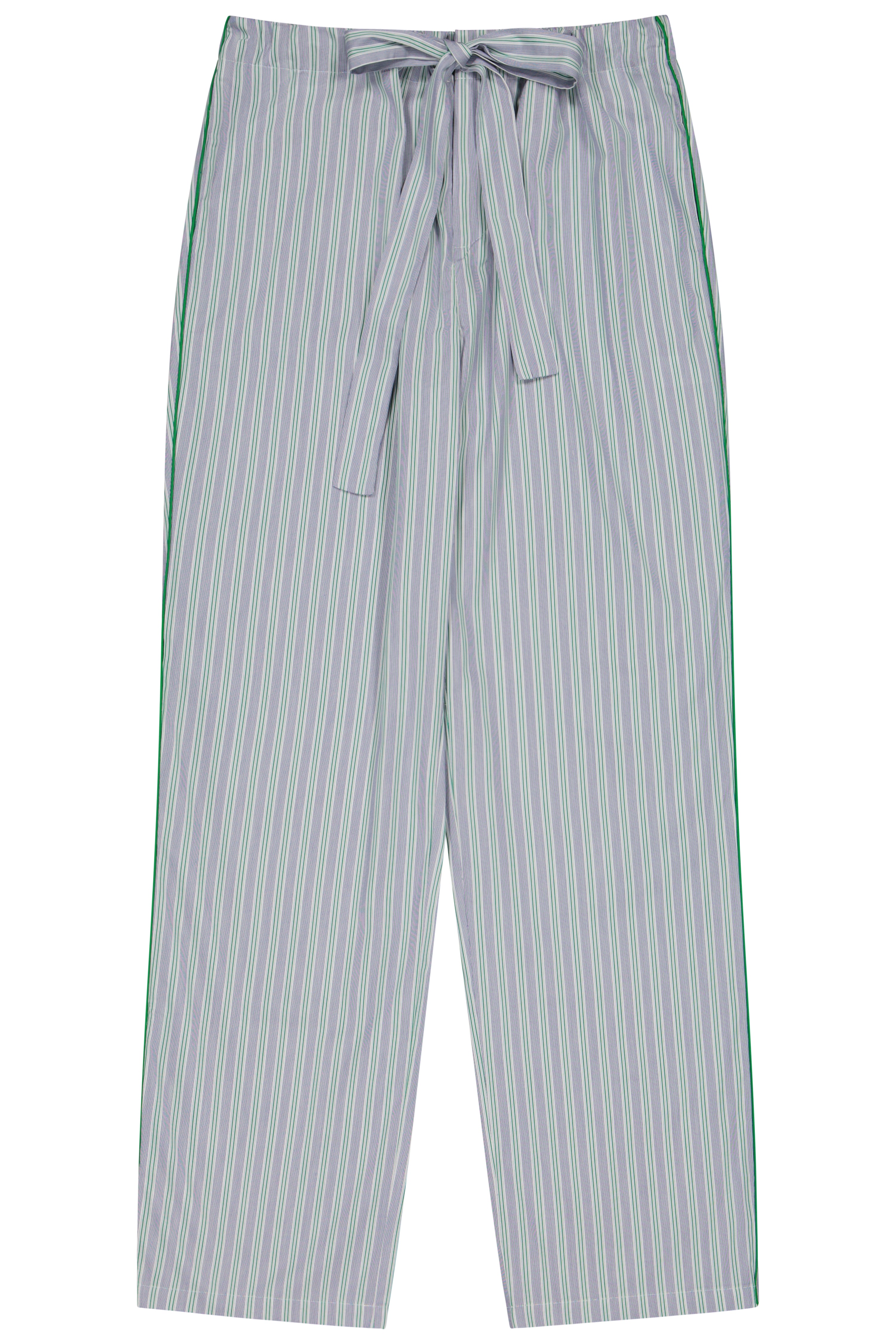 The Waldorf in green striped blue cotton broadcloth