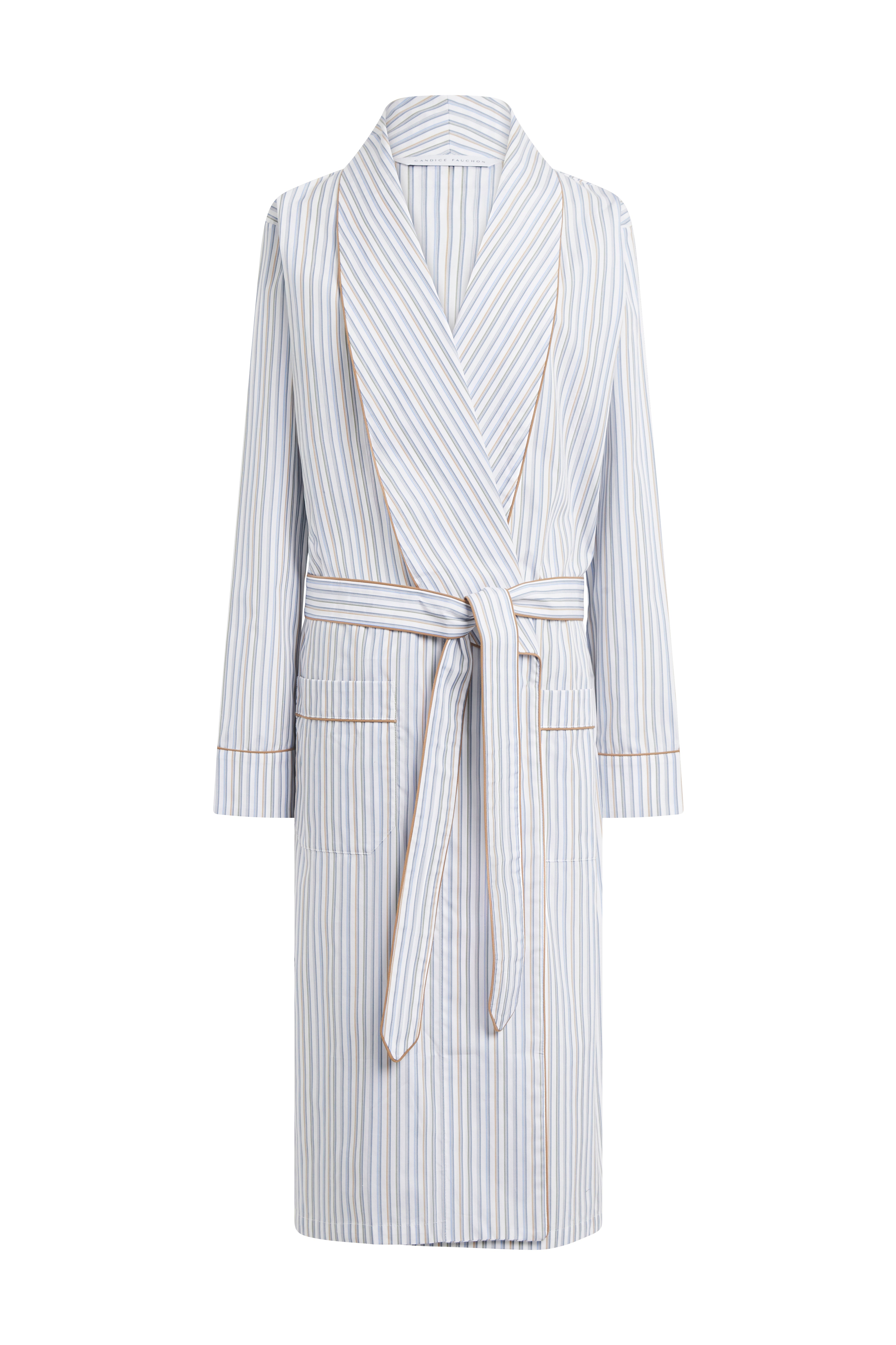 The Brandy in beige, blue, green striped cotton broadcloth 