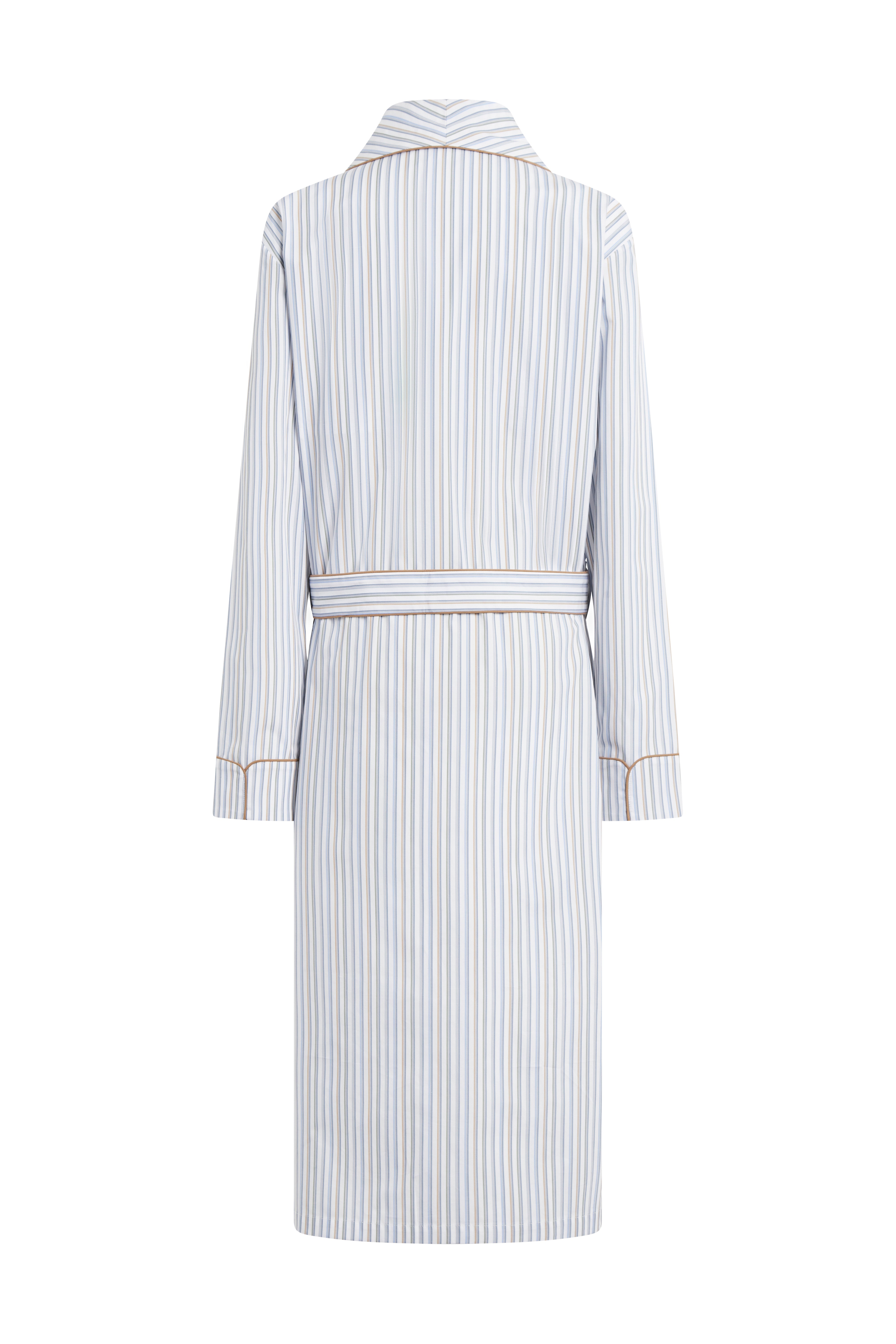 The Brandy in beige, blue, green striped cotton broadcloth 