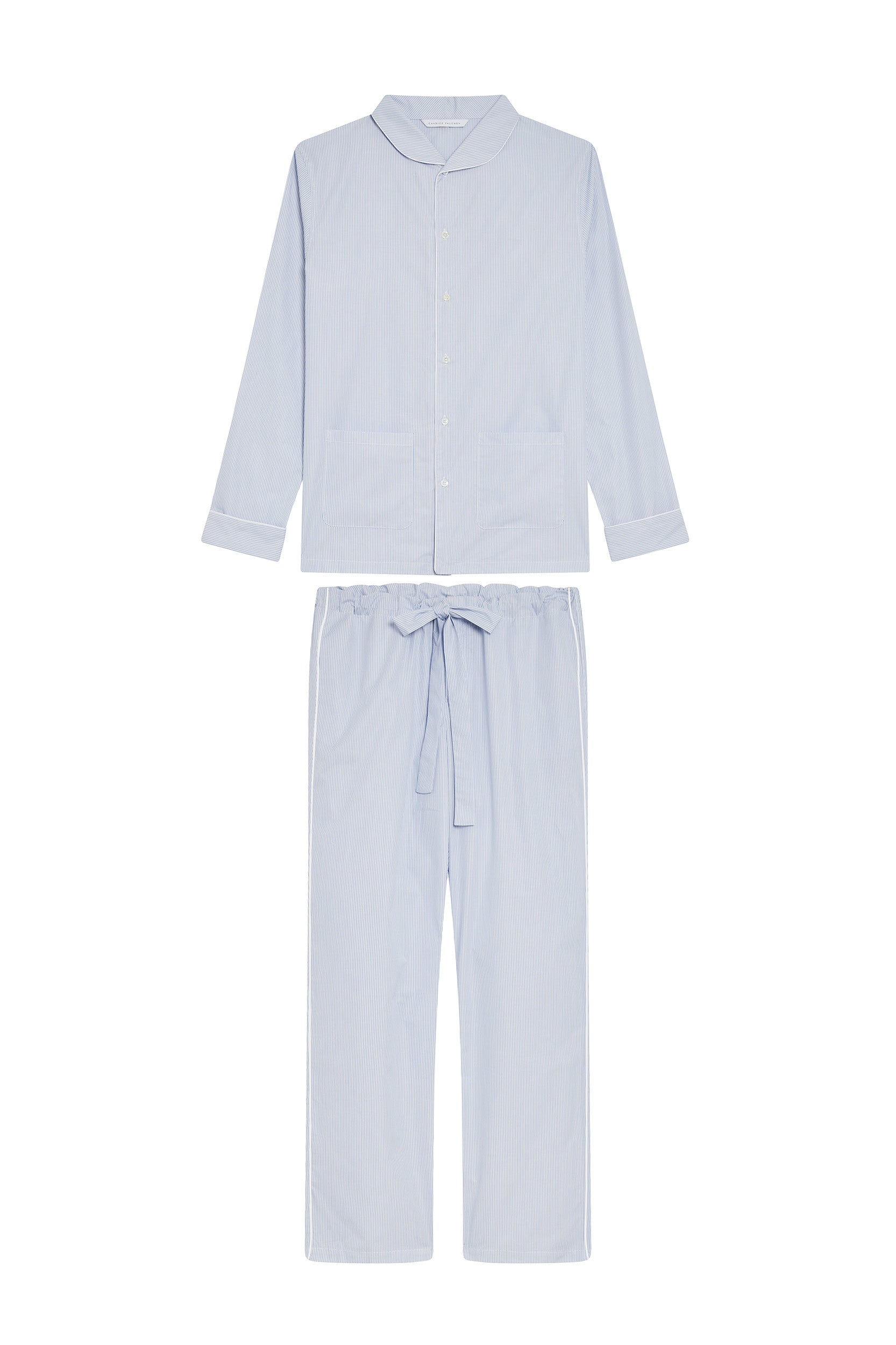 The Waldorf in white cotton broadcloth with thin blue stripes