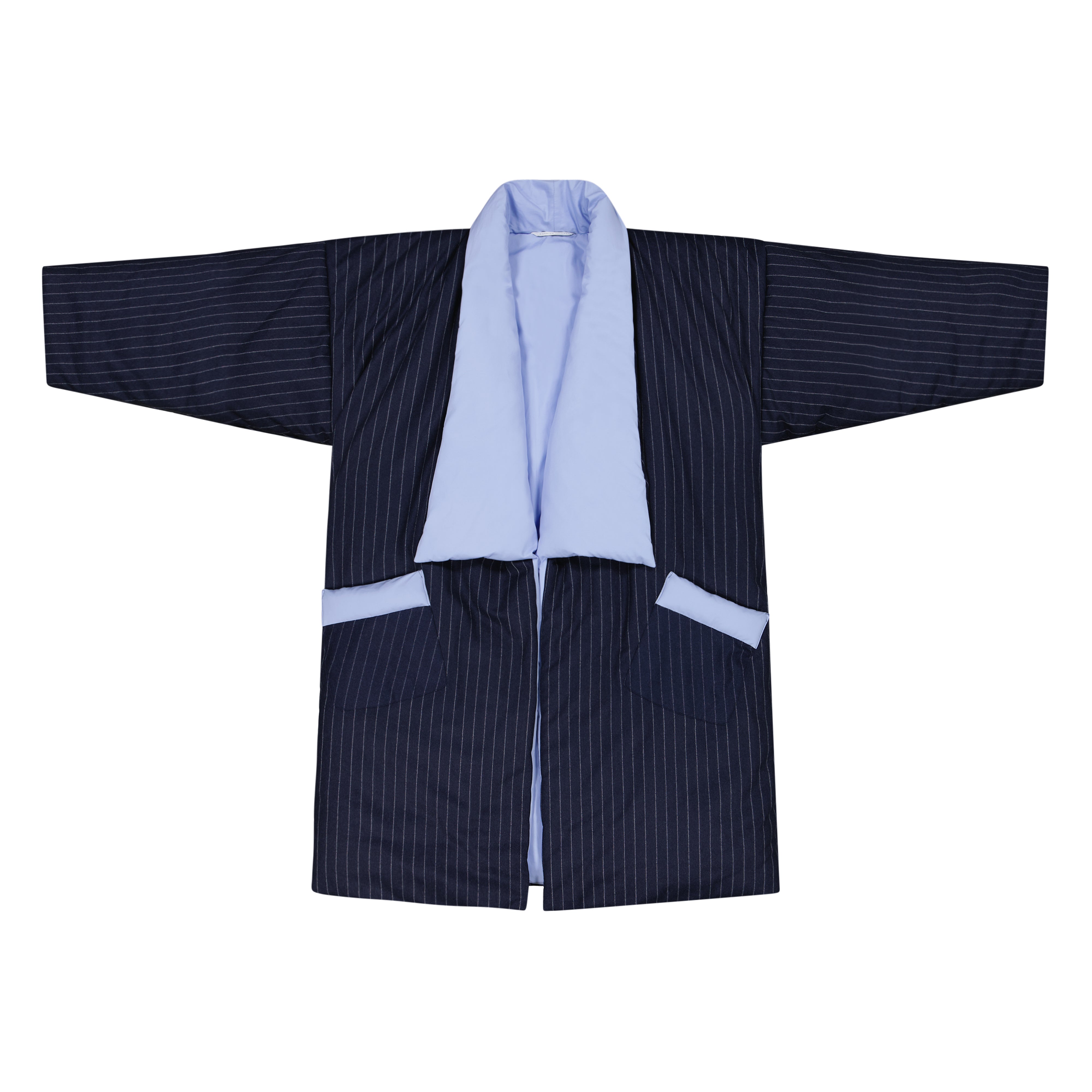 The Edo in navy pinstripe flannel wool and cotton broadcloth