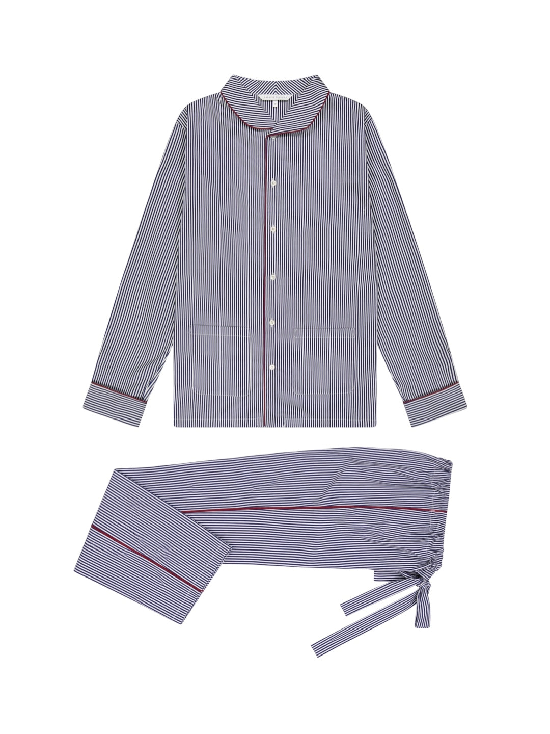 The Waldorf in navy striped cotton poplin with burgundy piping